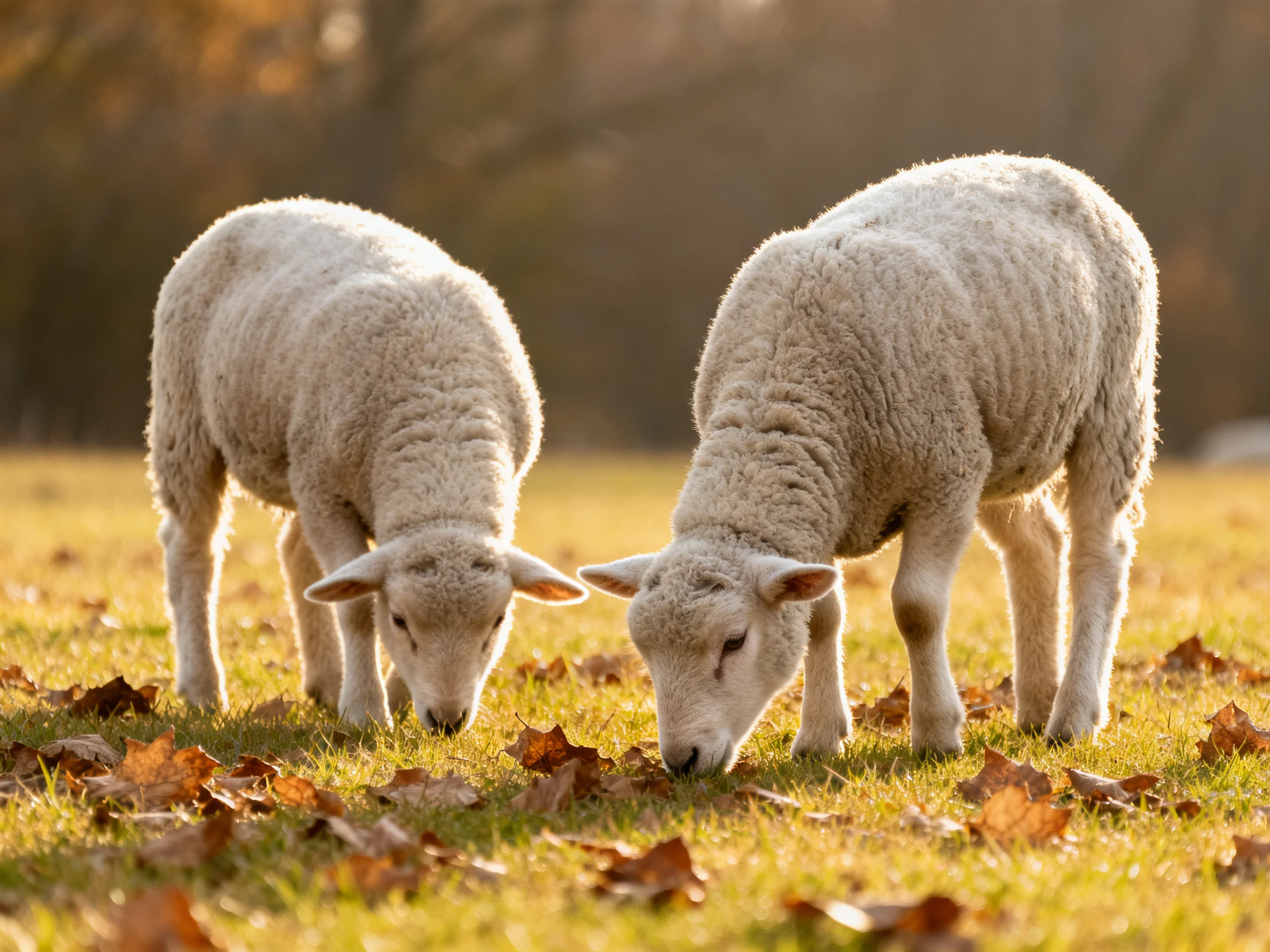 Two fluffy white lambs graze among fallen leaves in a sunlit field