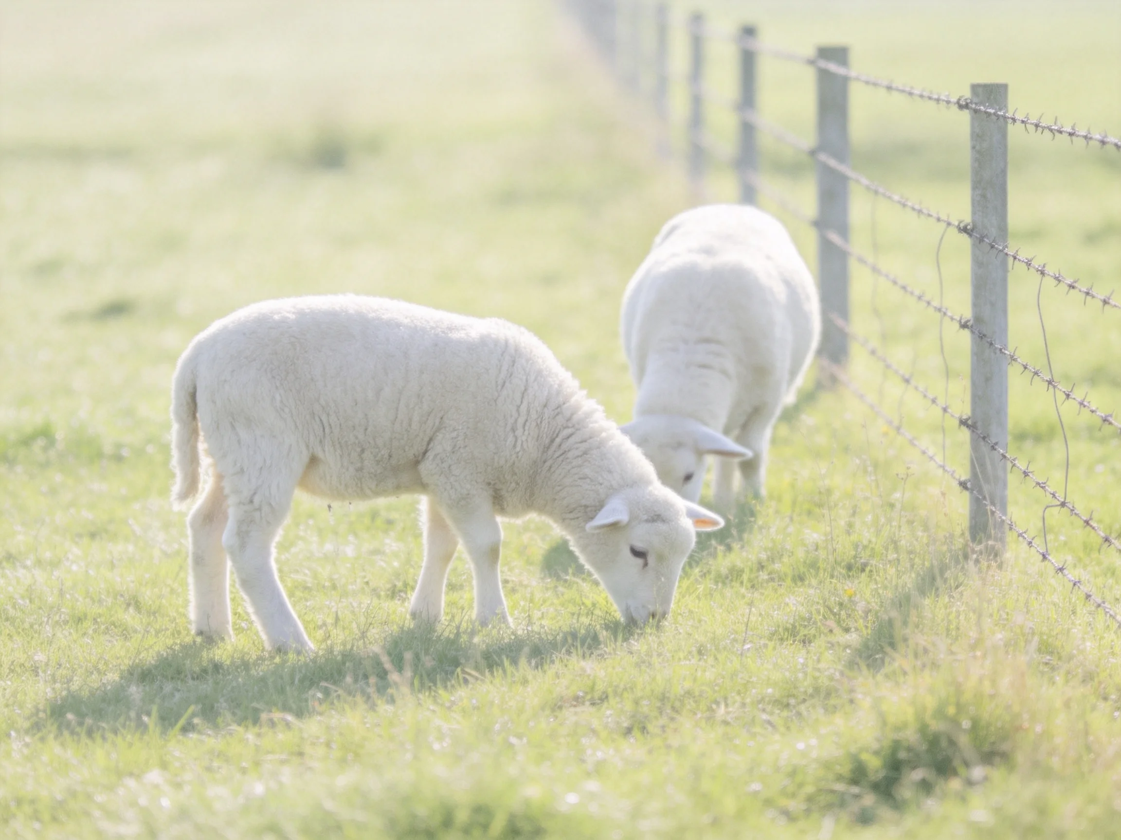 Two fluffy white lambs graze by a barbed wire fence in a sunny meadow