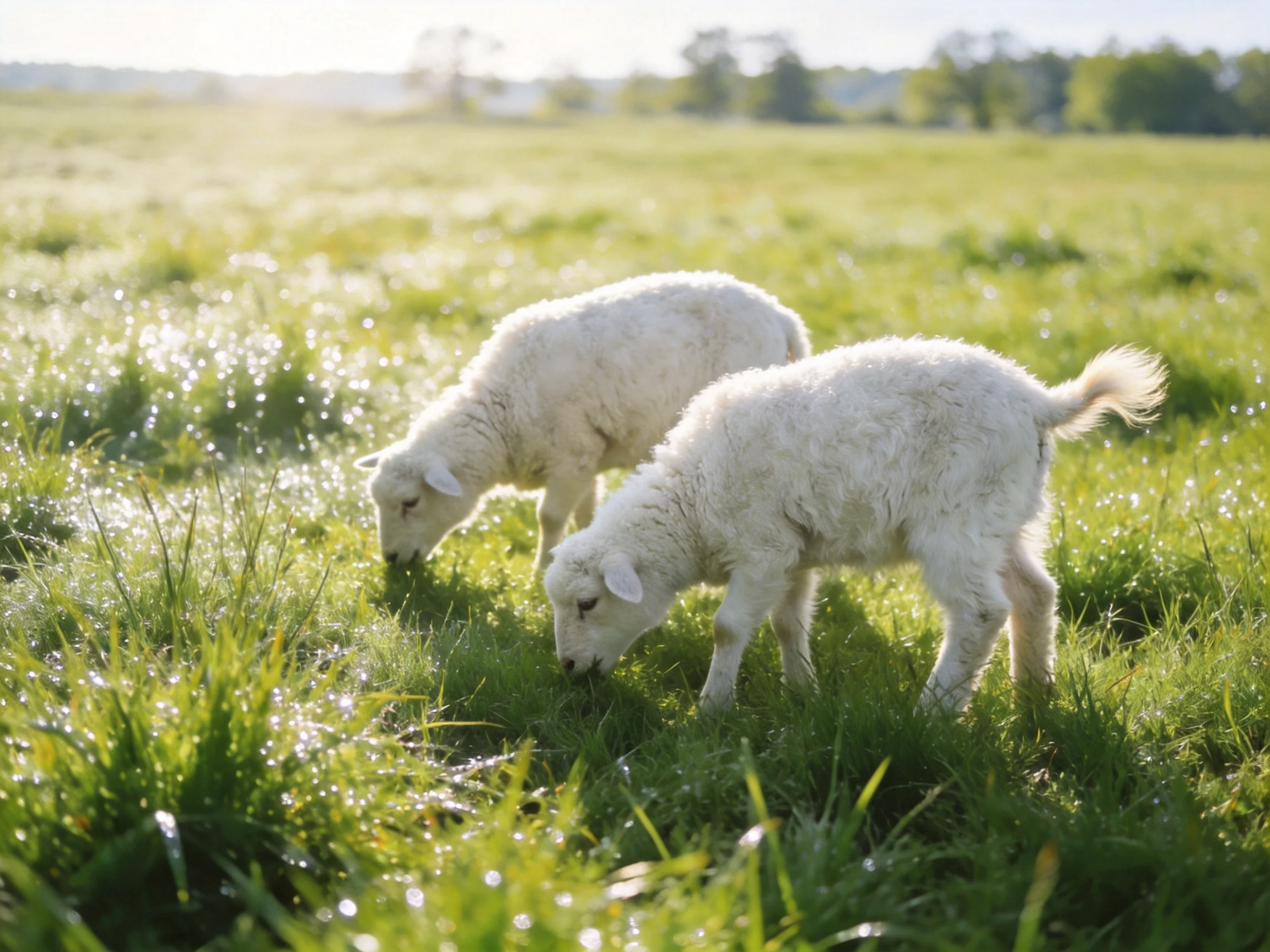 Two lambs graze in a sunlit, dew-covered pasture.