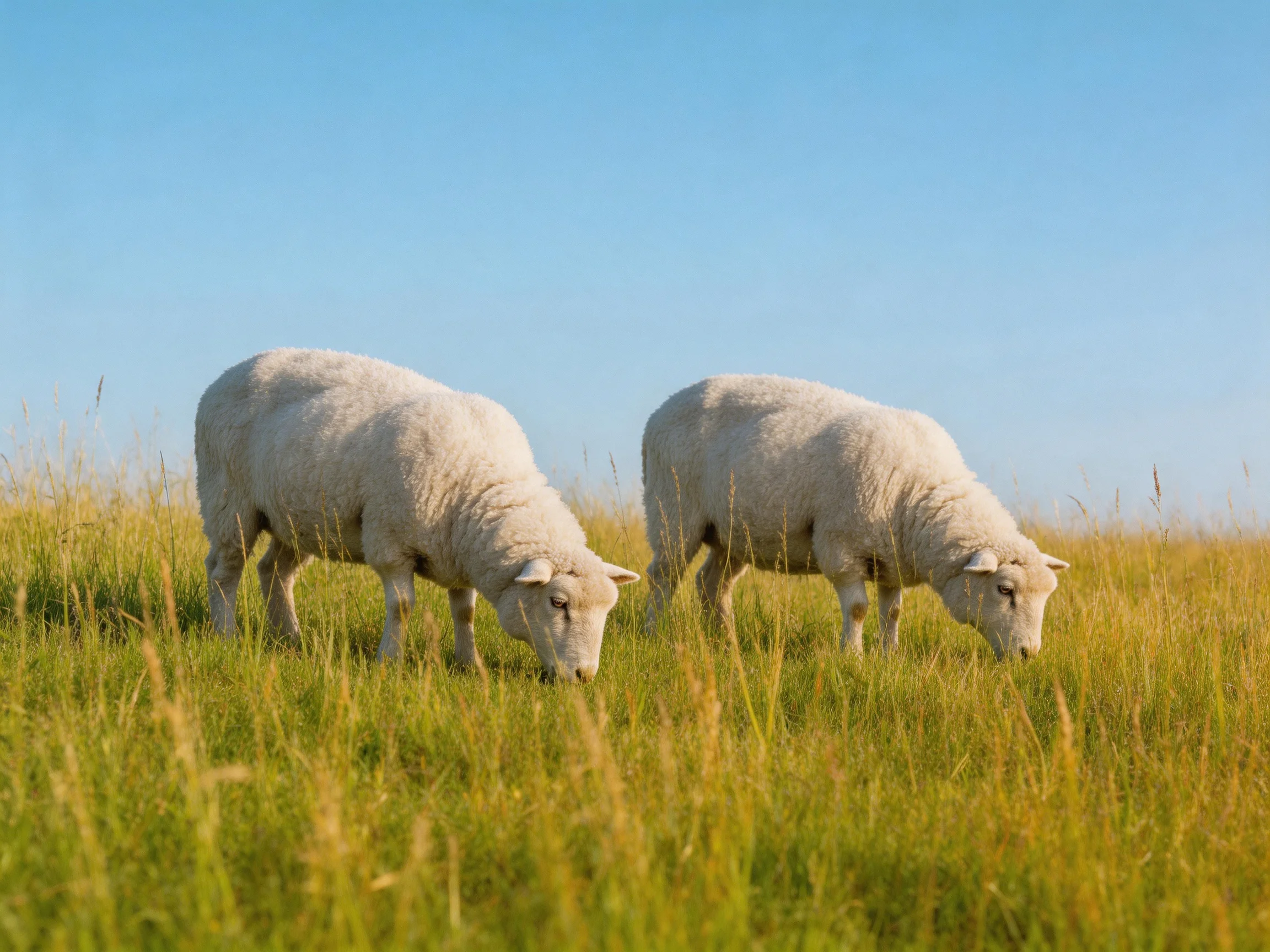 Two sheep graze in a sunny, open grassy field.