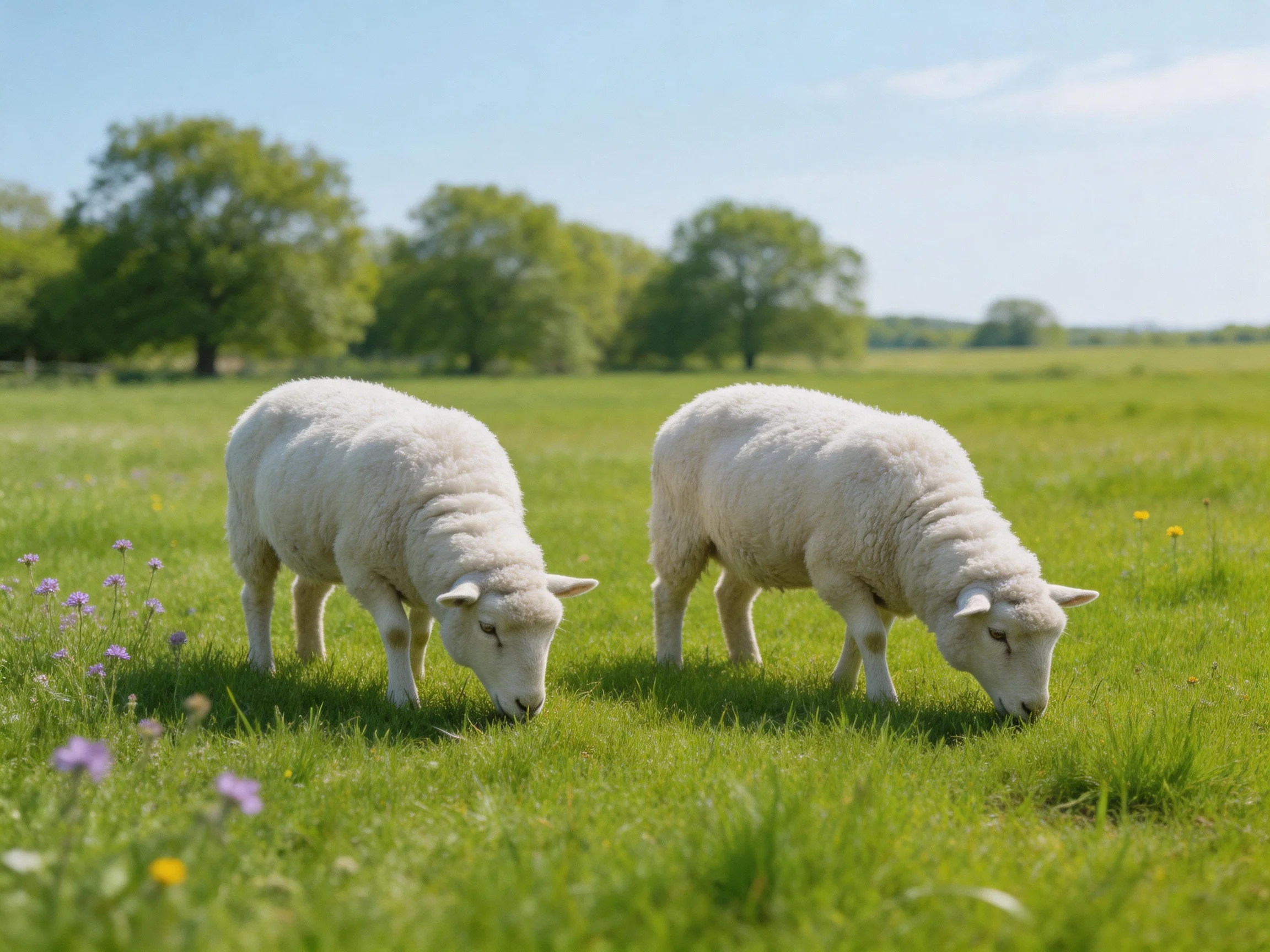 Two fluffy white lambs graze in a lush green meadow