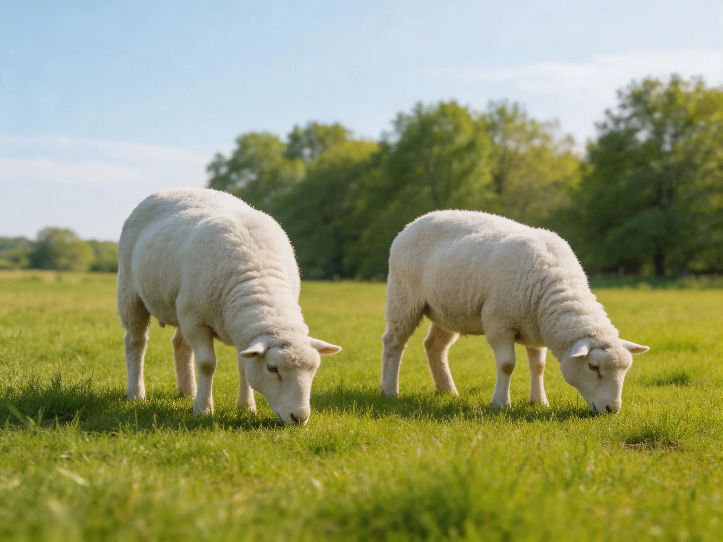 Two white lambs graze peacefully in a green meadow near leafy trees