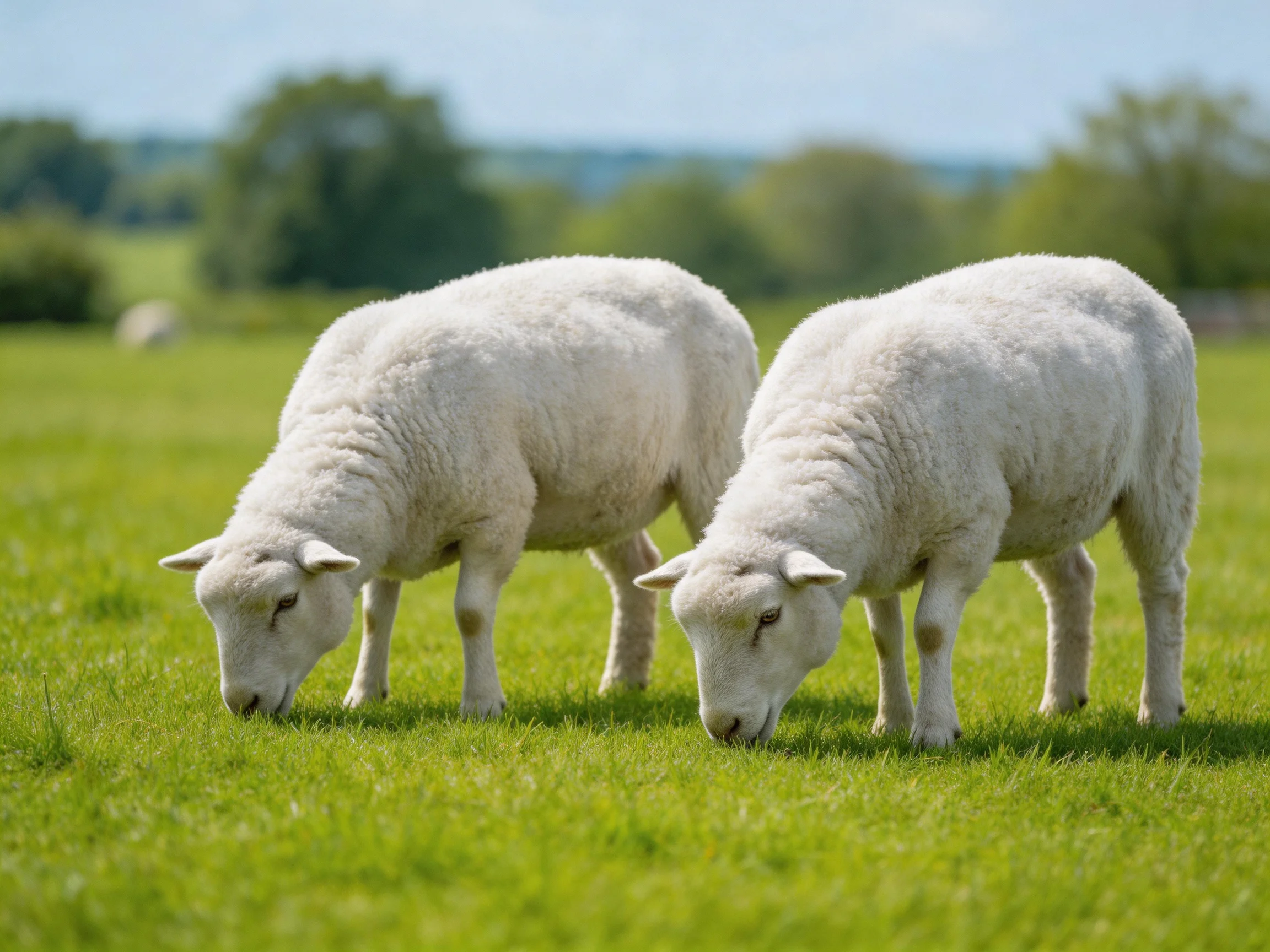 Two fluffy white lambs graze in a lush green pasture