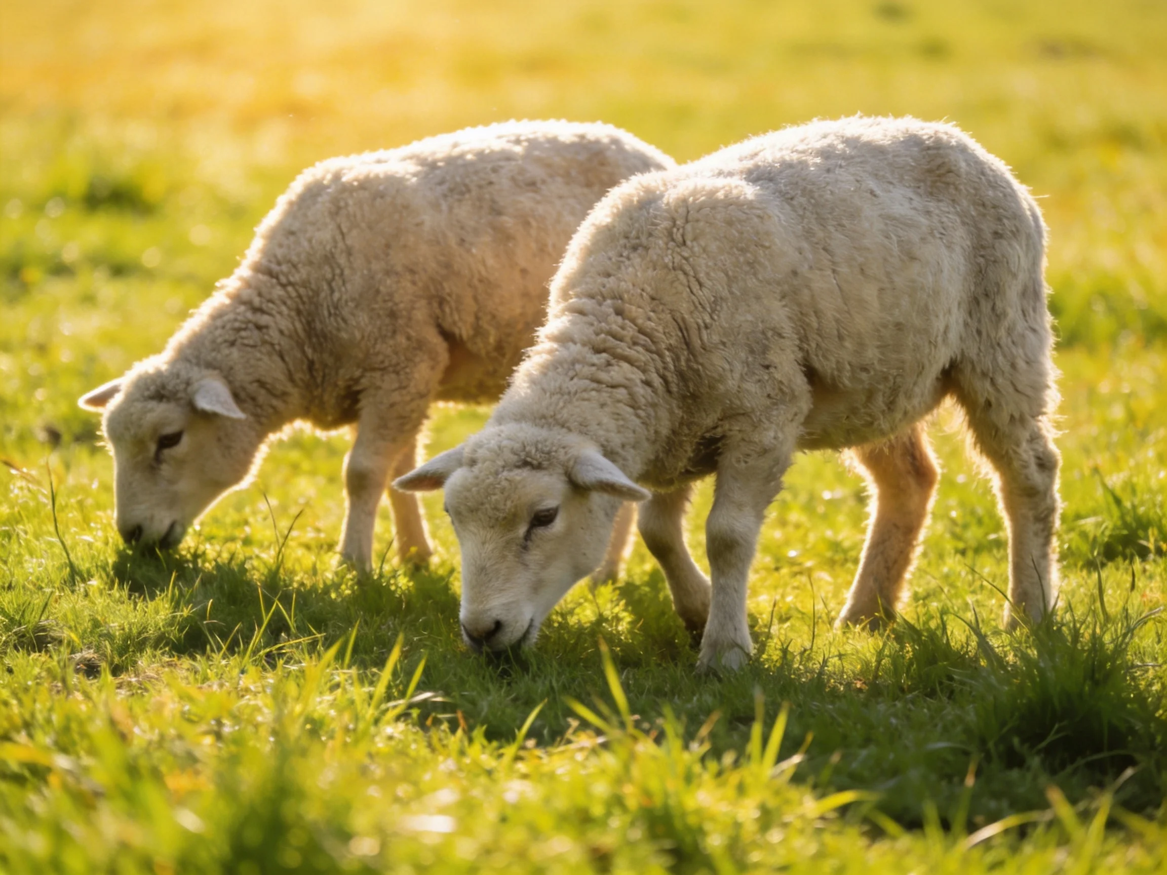 Two lambs graze together in a sunlit green meadow