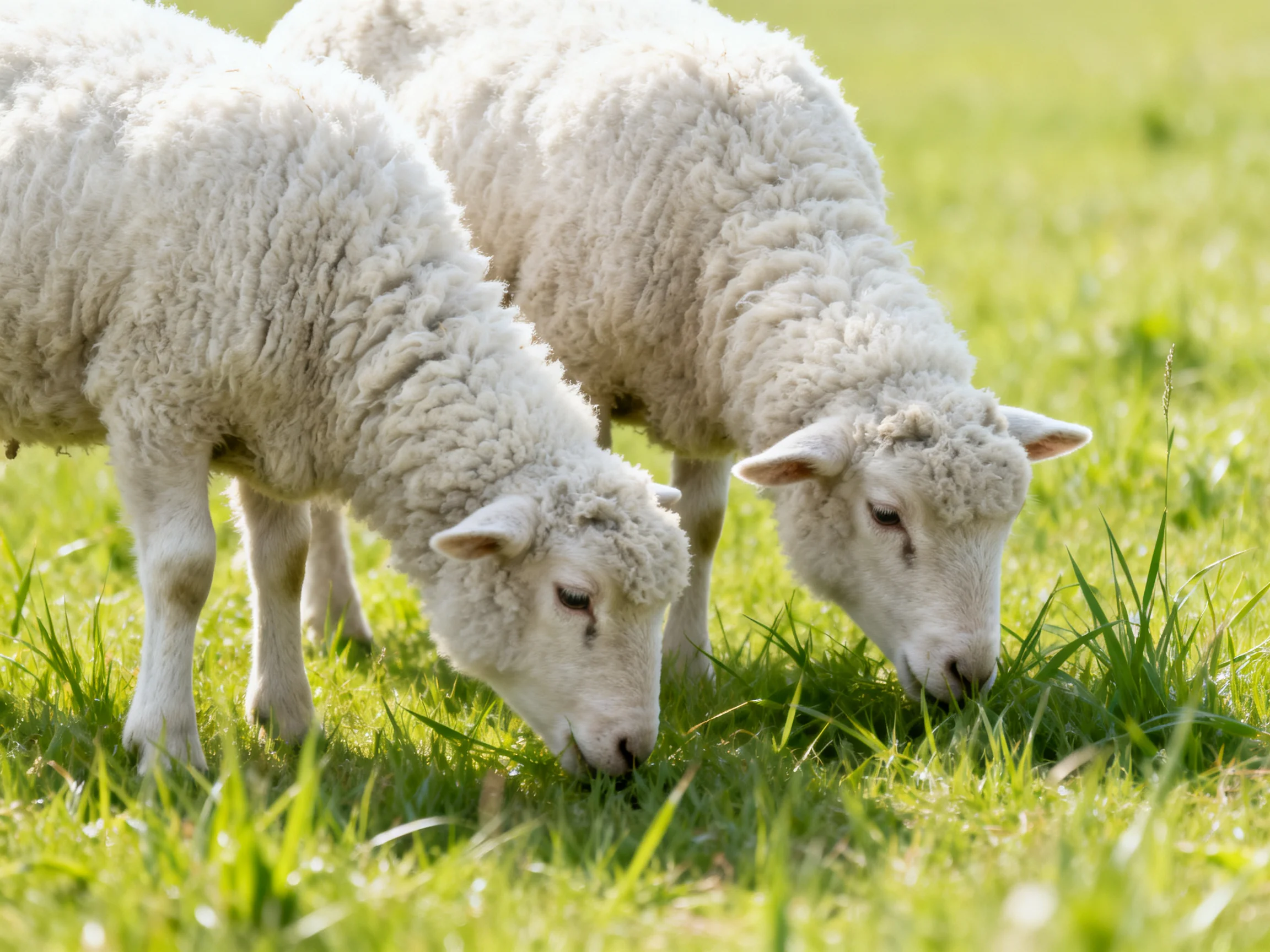 Two sheep graze on fresh grass in a sunny meadow.