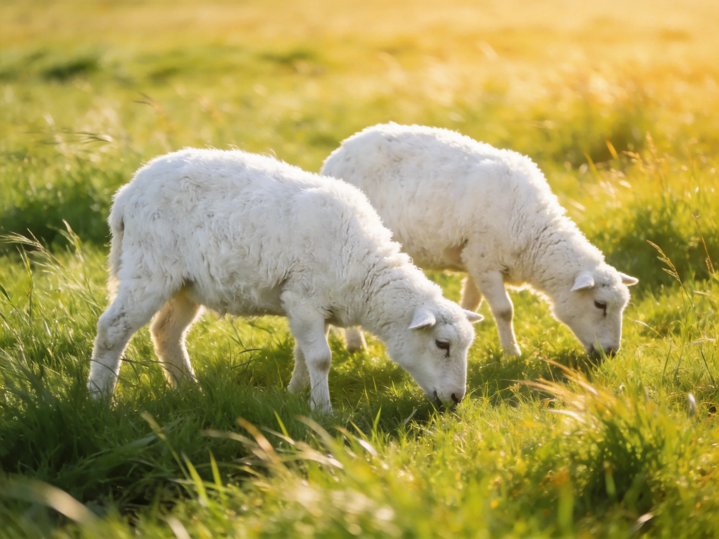 Two young sheep graze peacefully in a sunlit green pasture.