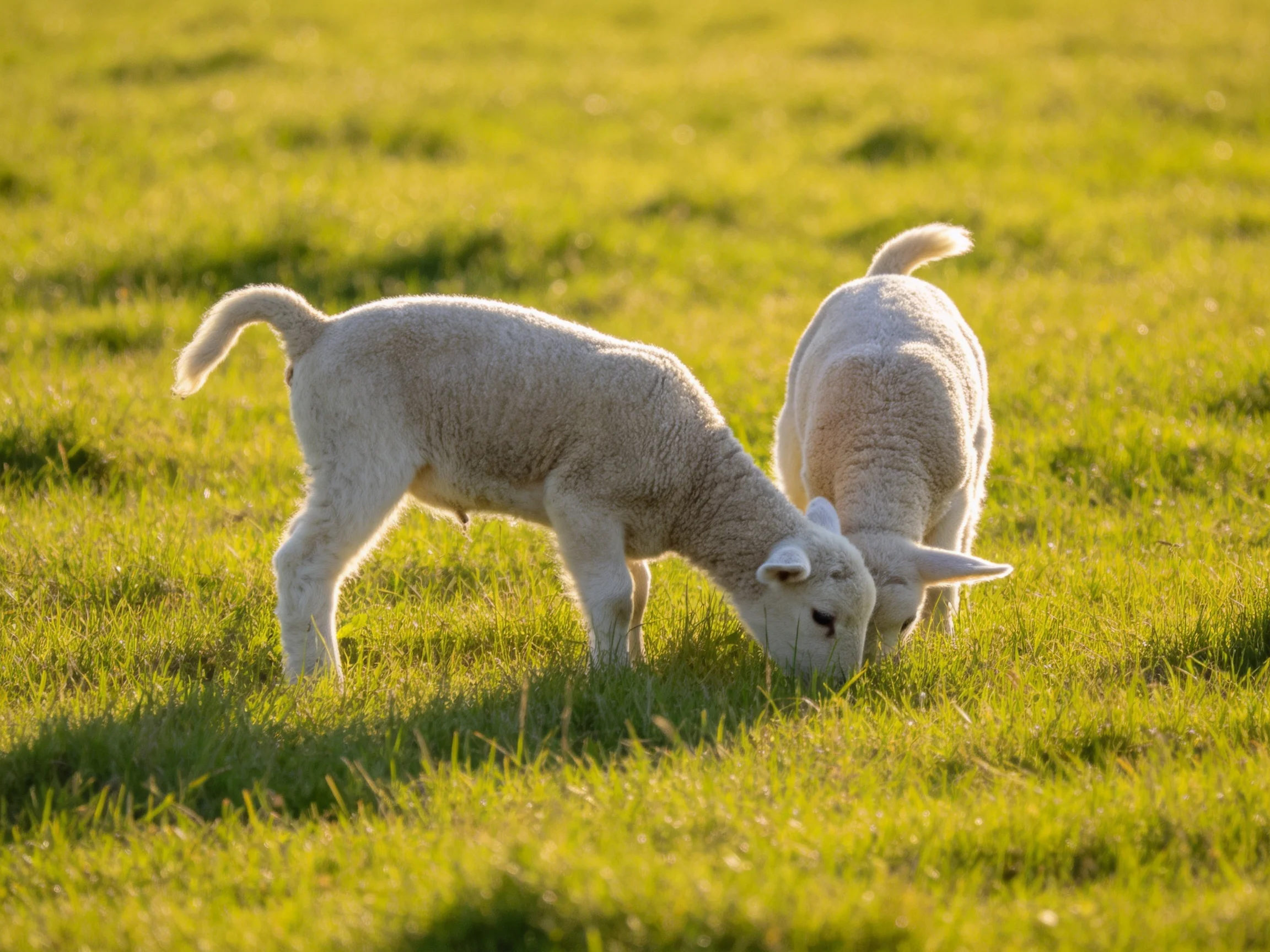 Two lambs graze together in a sunlit green pasture.