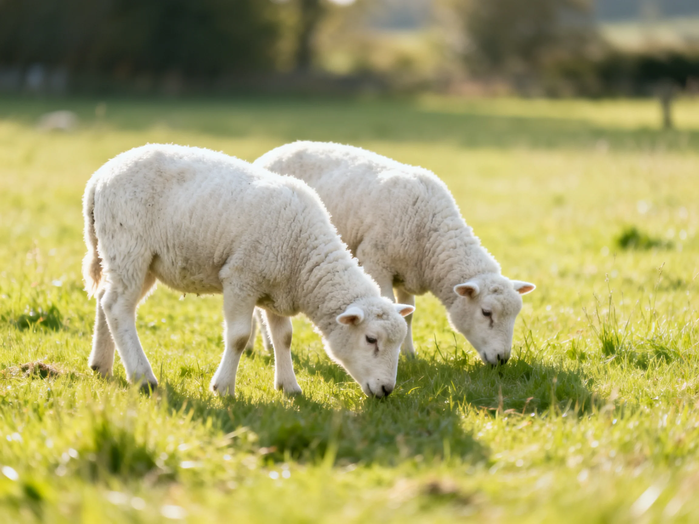 Two white lambs graze in a sunlit green pasture.