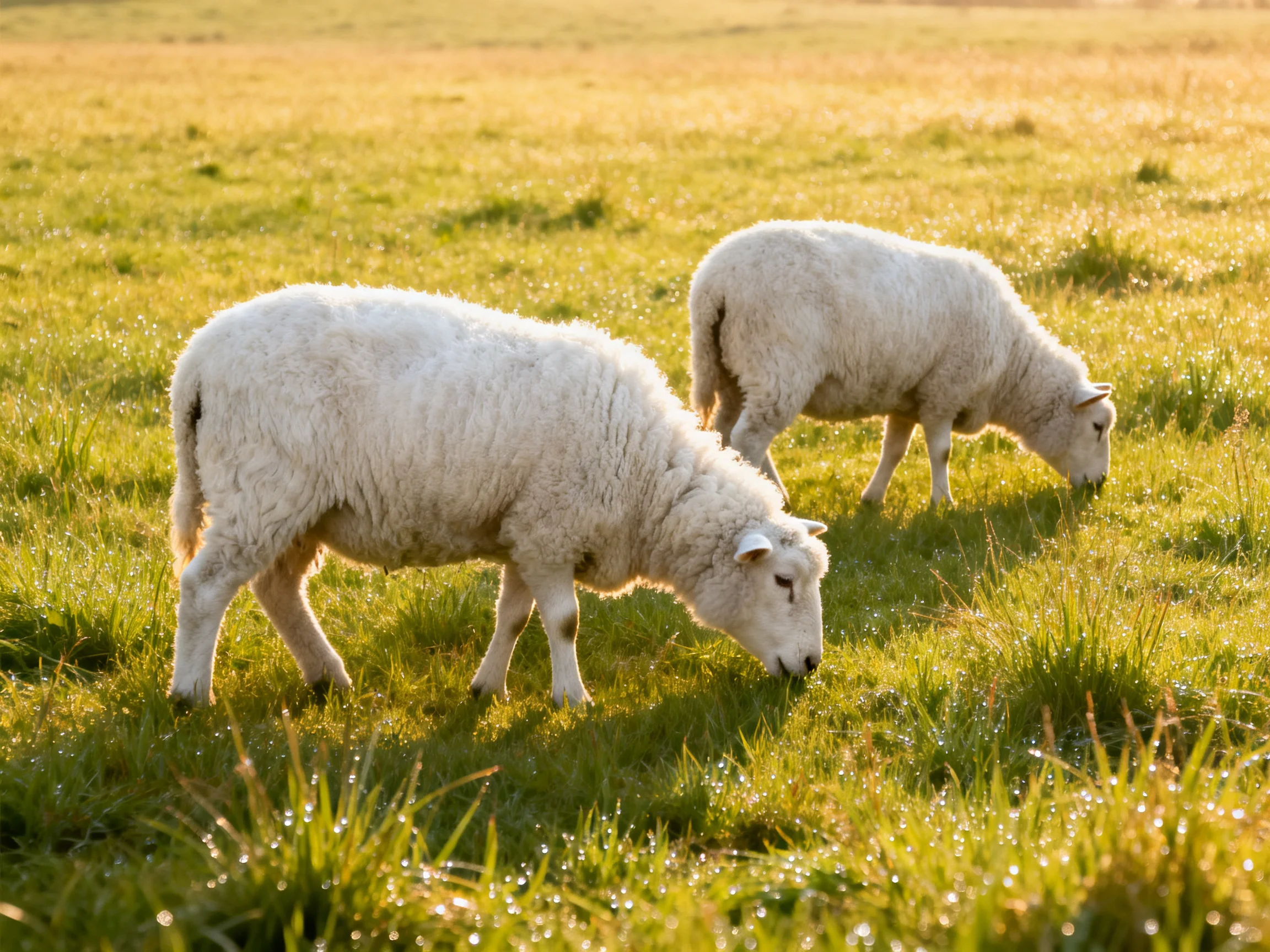 Two fluffy white lambs graze in a sunlit green pasture