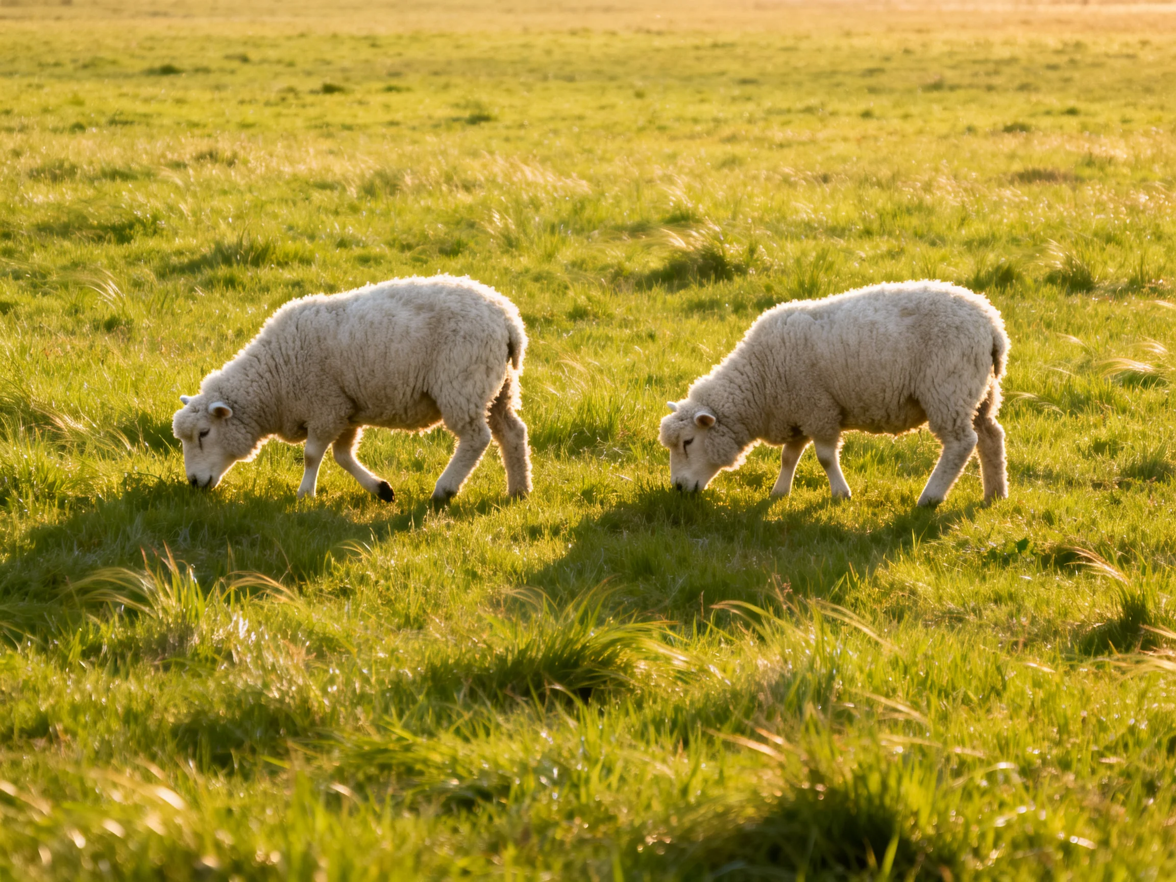 Two fluffy white lambs graze in a sunlit green pasture