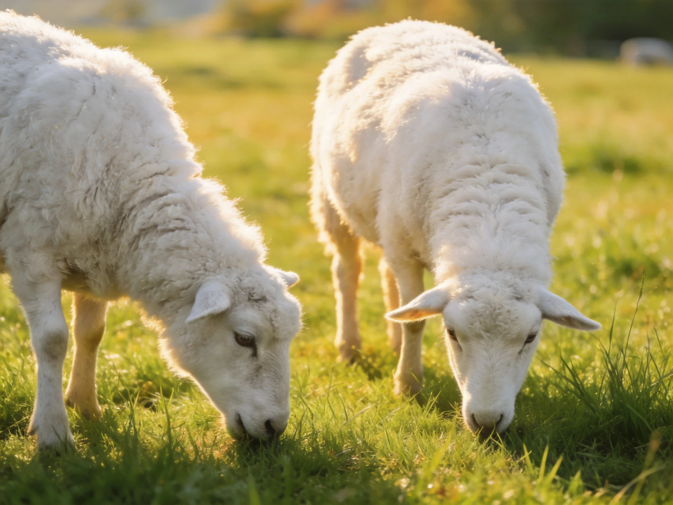 Two fluffy white lambs graze in a sunlit green pasture