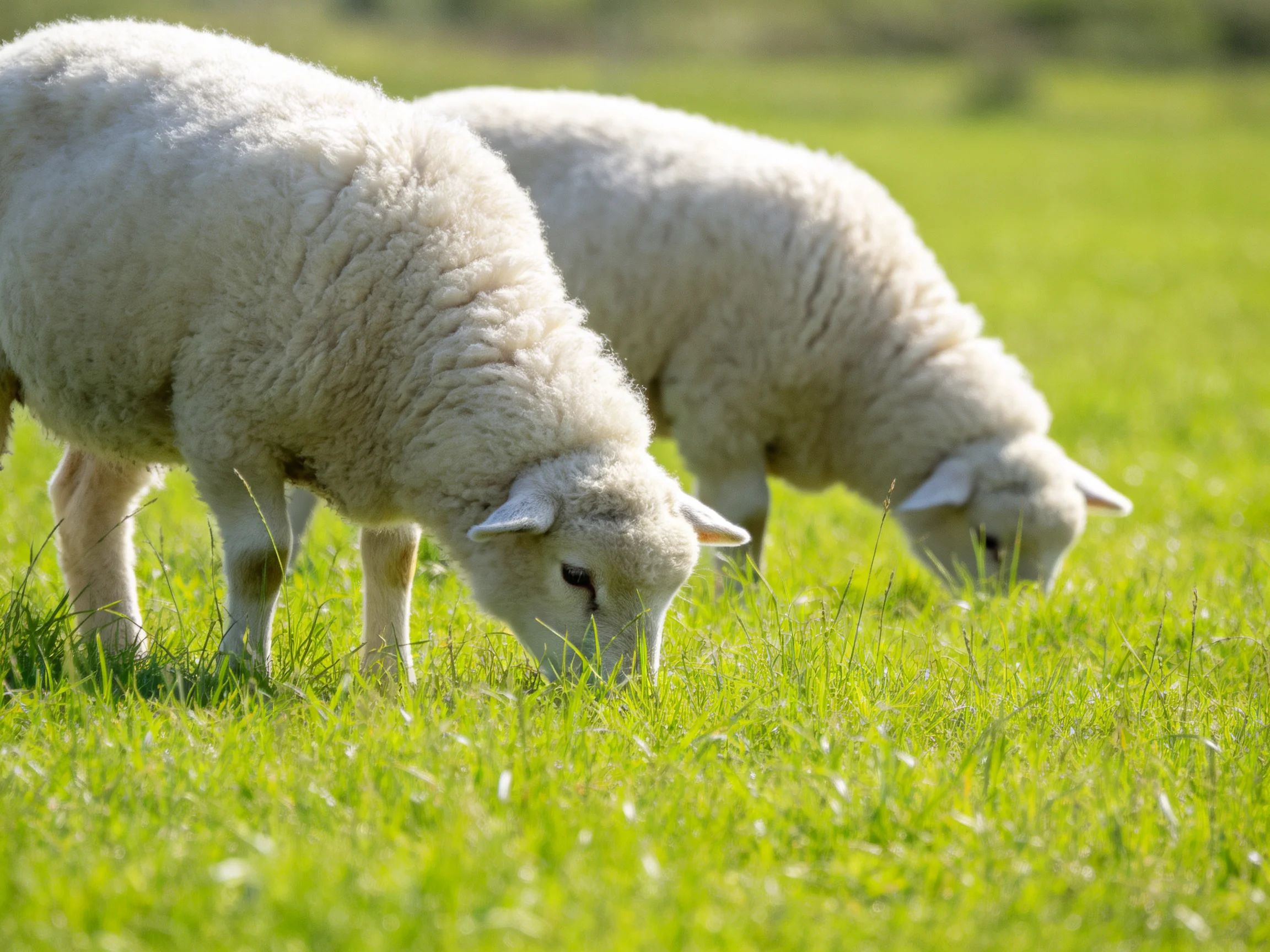 Two fluffy white lambs graze in a vibrant green meadow