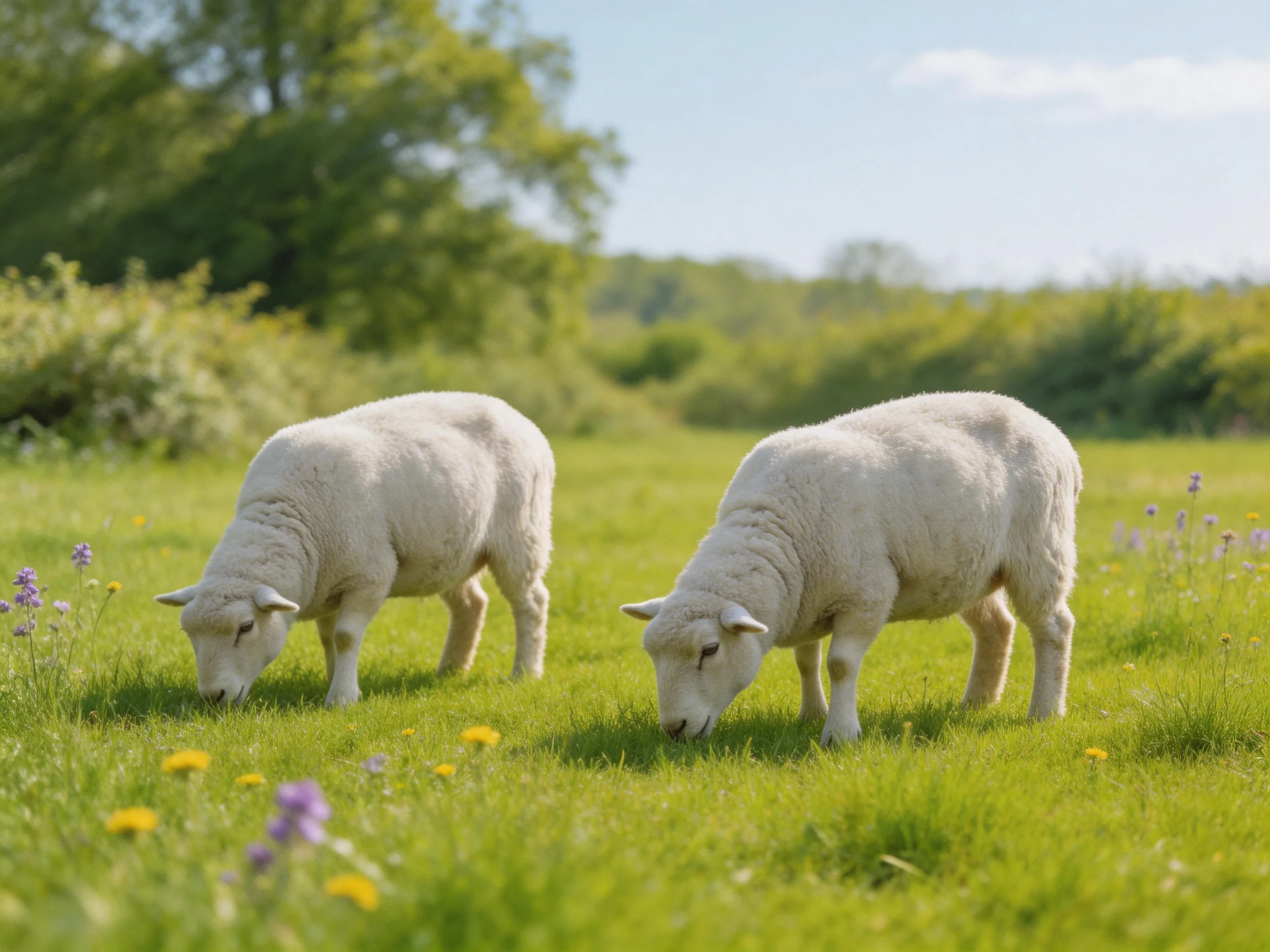 Two fluffy white lambs graze in a vibrant green meadow.
