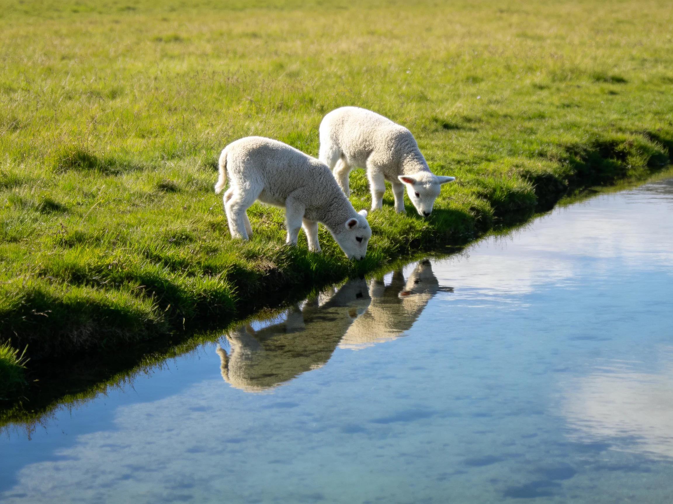 Two fluffy white lambs graze near a calm blue stream with lush green grass