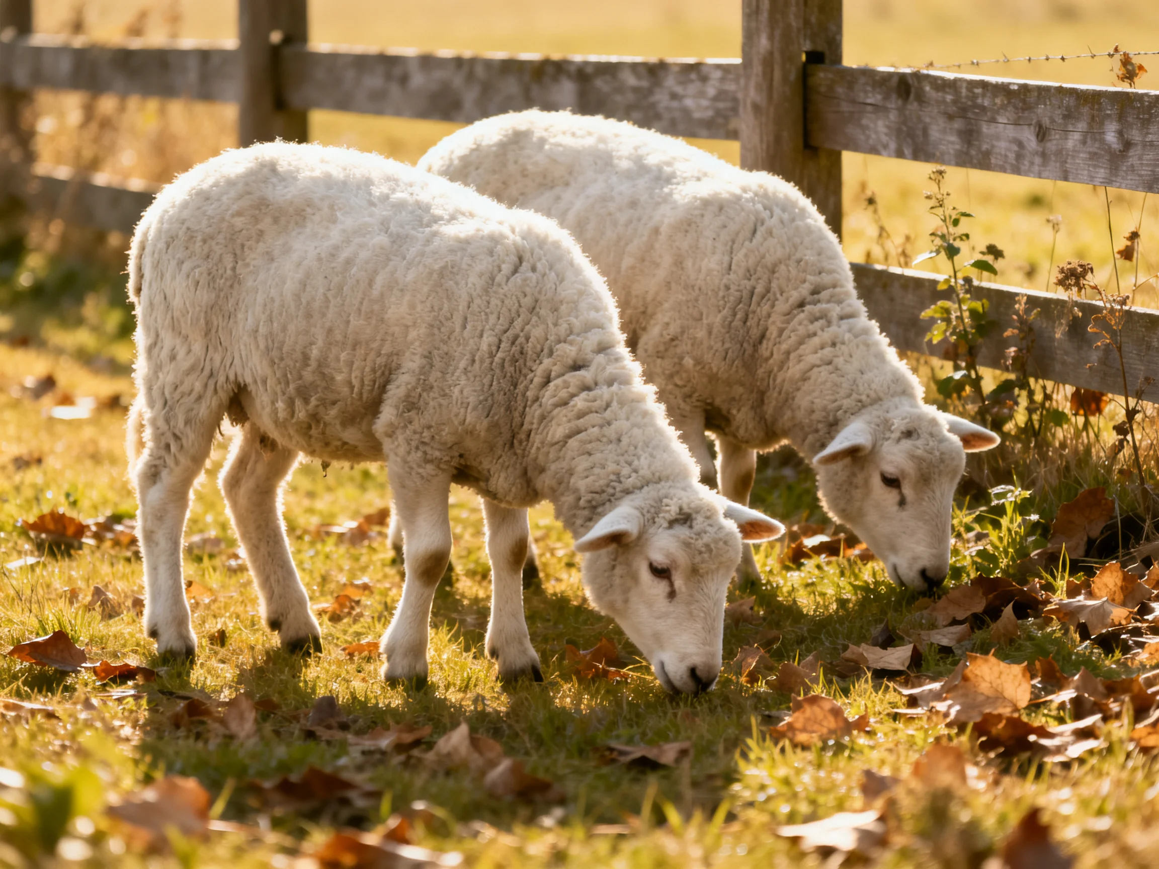Two lambs graze beside a wooden fence in a sunlit pasture.