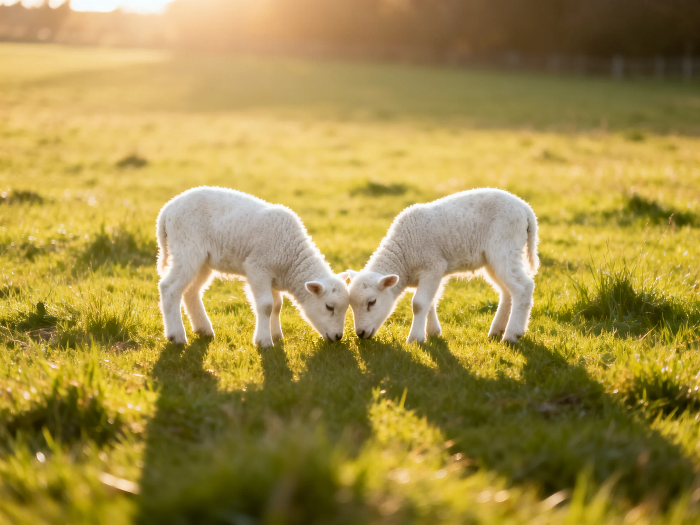 Two fluffy white lambs grazing in a sunlit green meadow
