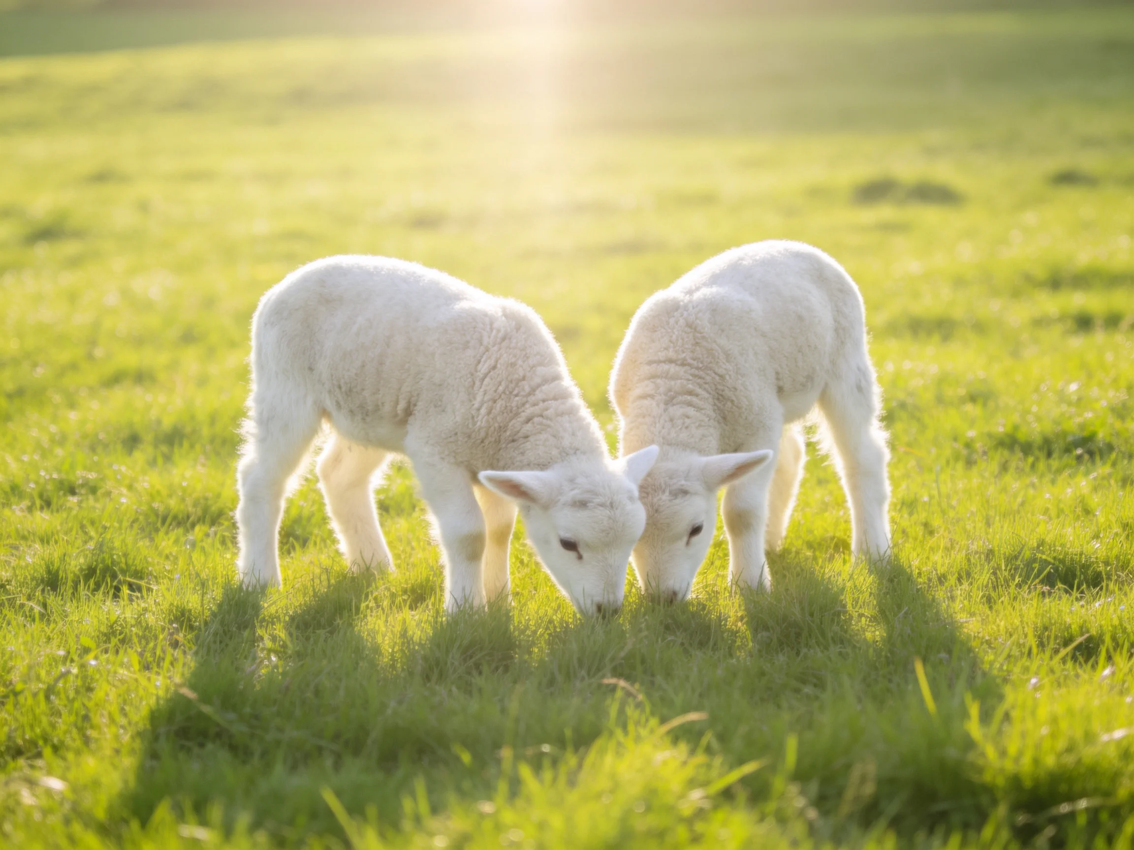 Two fluffy white lambs grazing in a sunlit green meadow