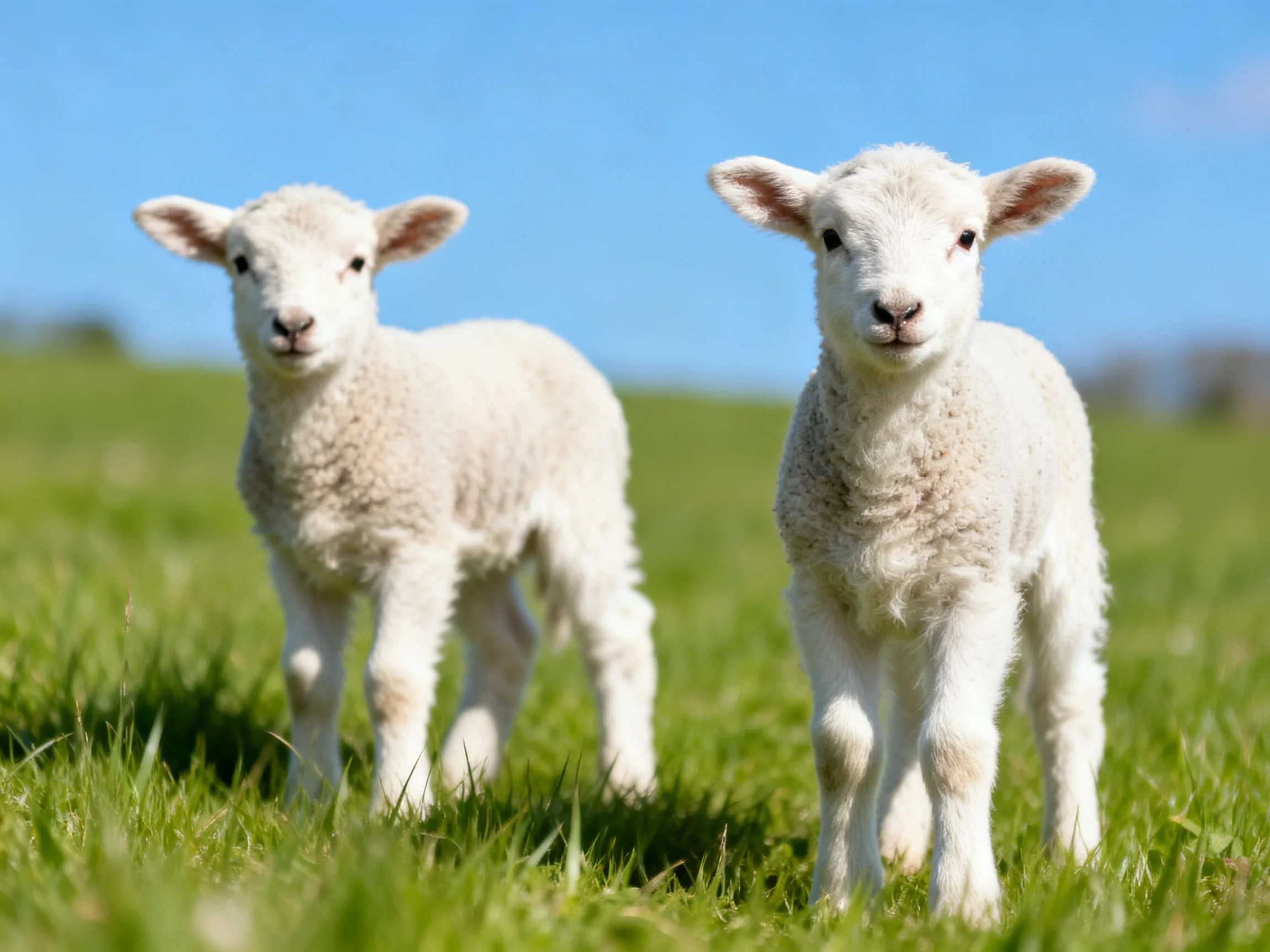 Two fluffy white lambs in a bright green meadow