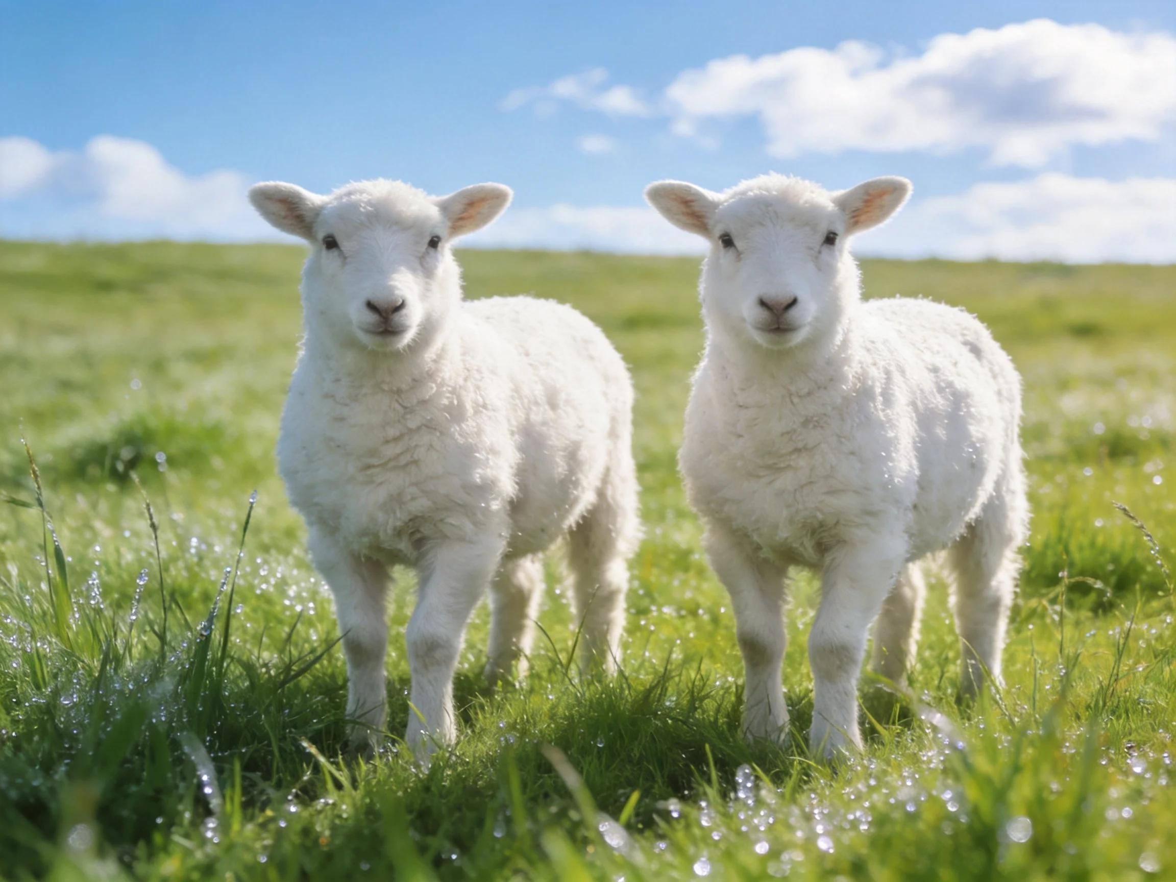 Two fluffy white lambs in a dewy green pasture under clear blue sky