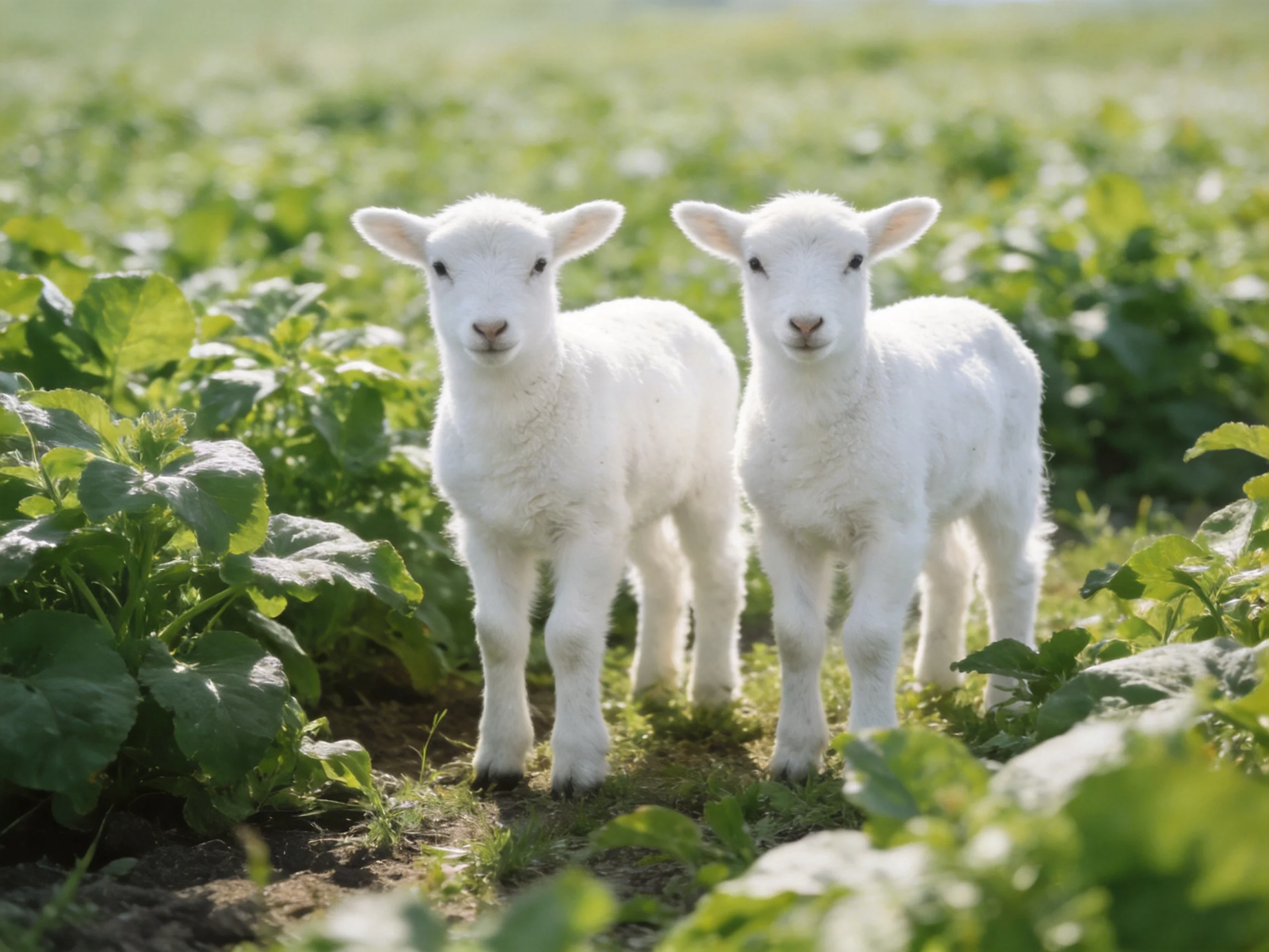 Two fluffy white lambs in a lush green field