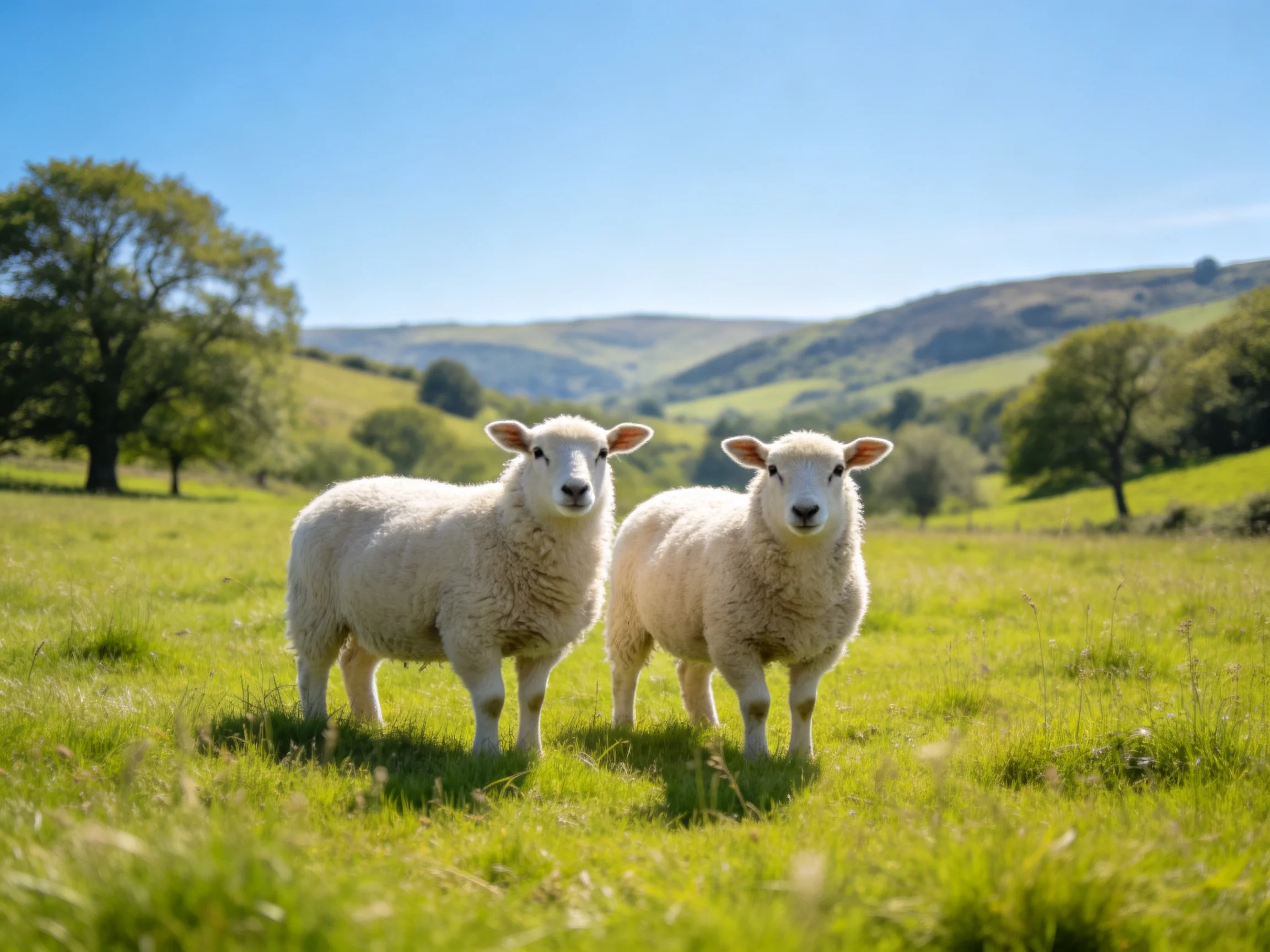 Two fluffy white lambs in a lush green meadow