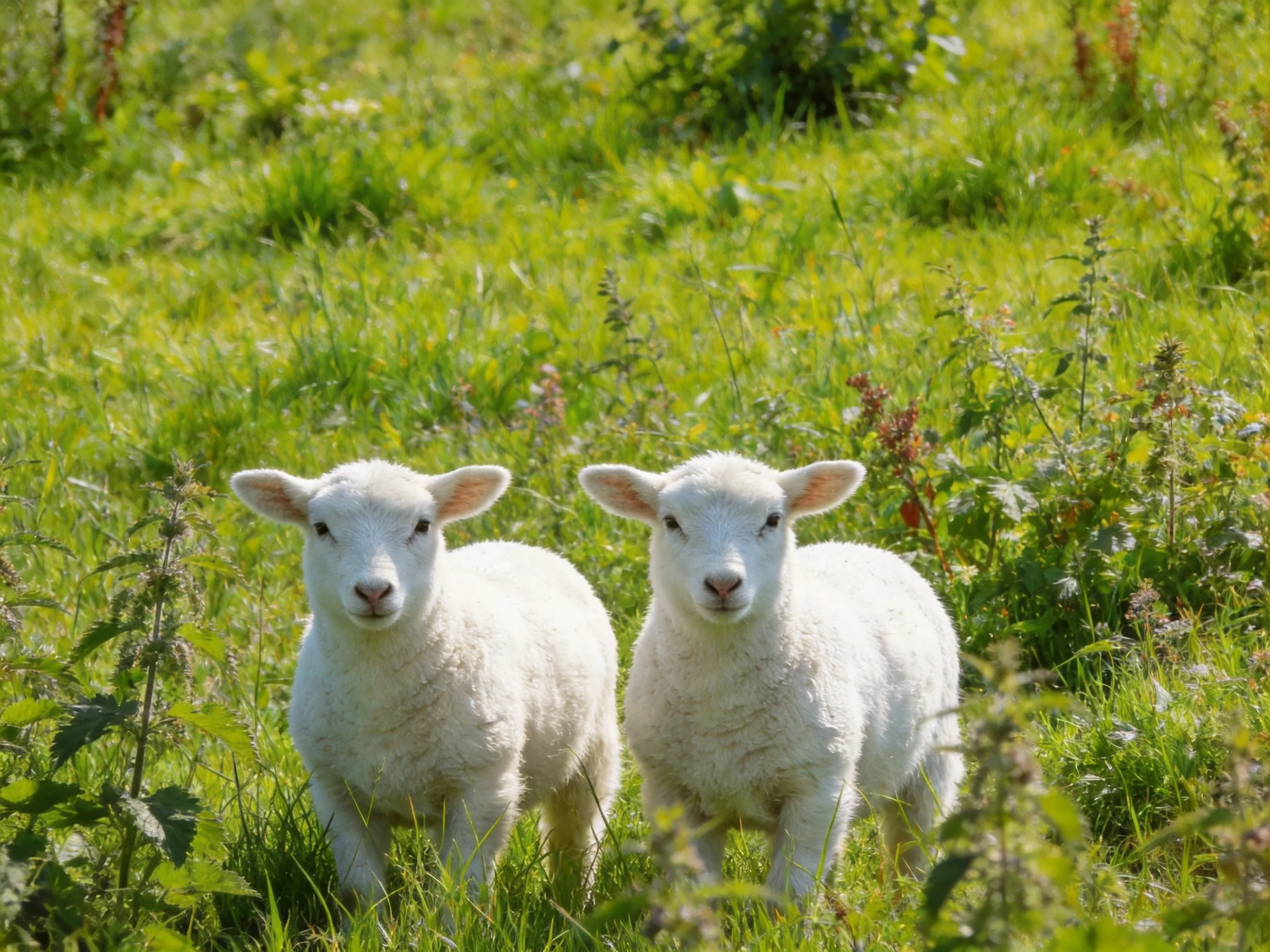 Two young sheep stand together in a sunlit, verdant field.