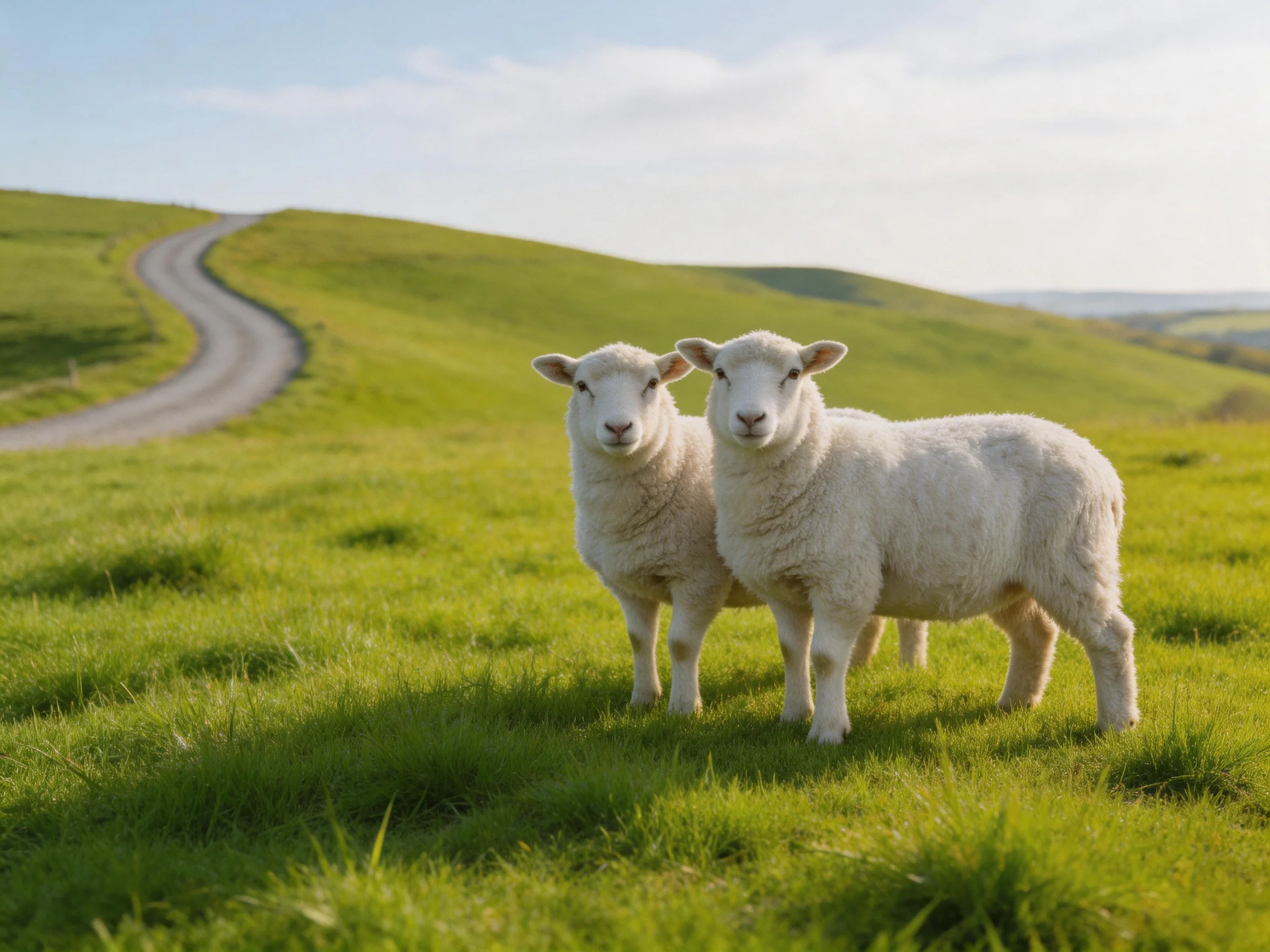 Two fluffy white lambs in a lush green meadow with a curving dirt road.