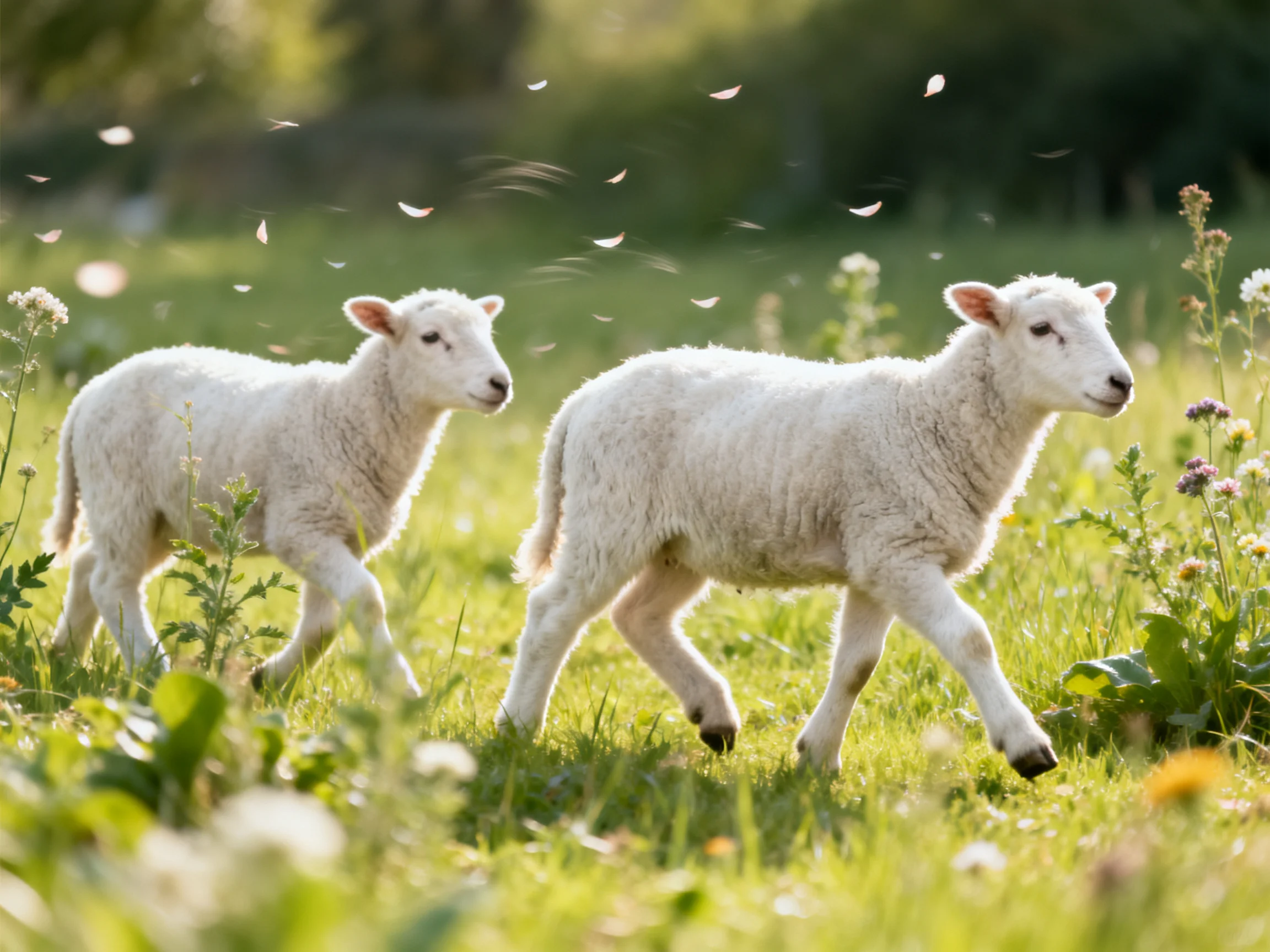 Two fluffy white lambs in a sun-dappled flower meadow