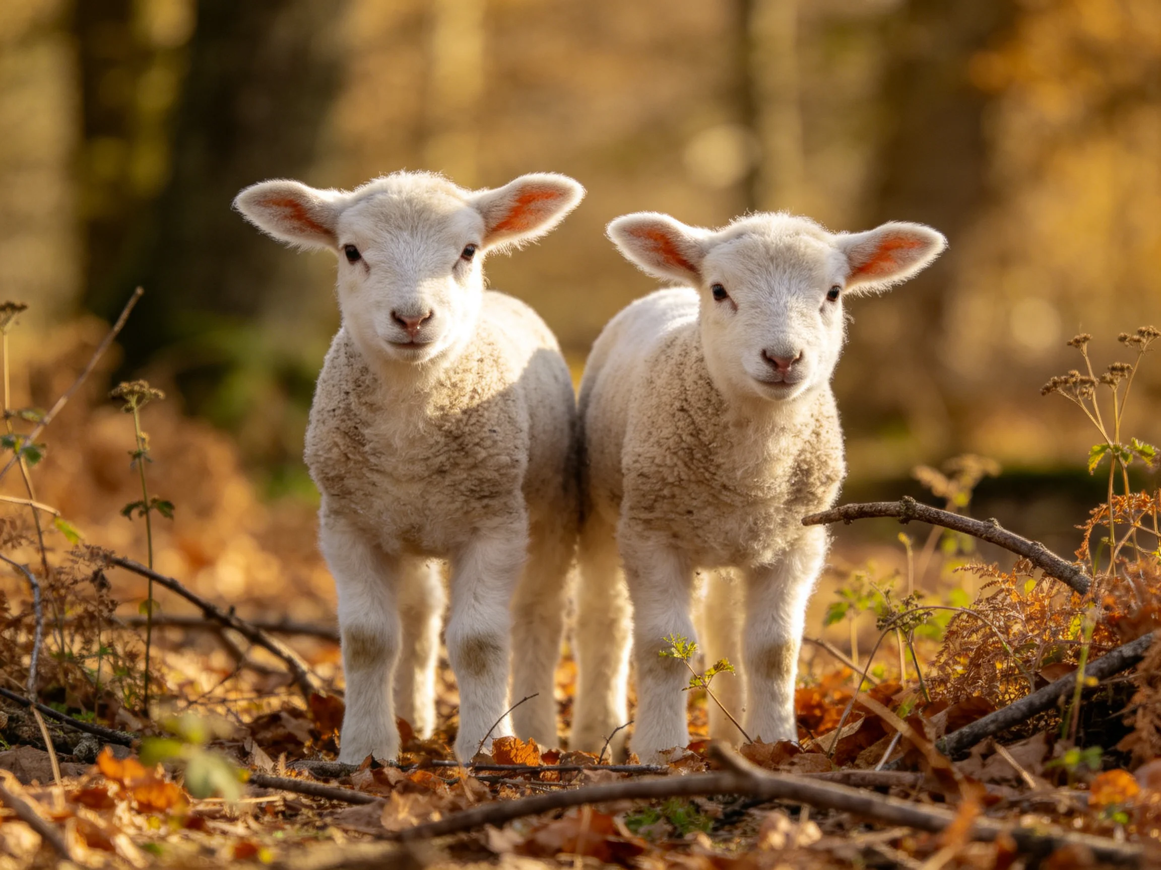 Two young sheep stand together amid fallen leaves and branches in a sunlit woodland setting.