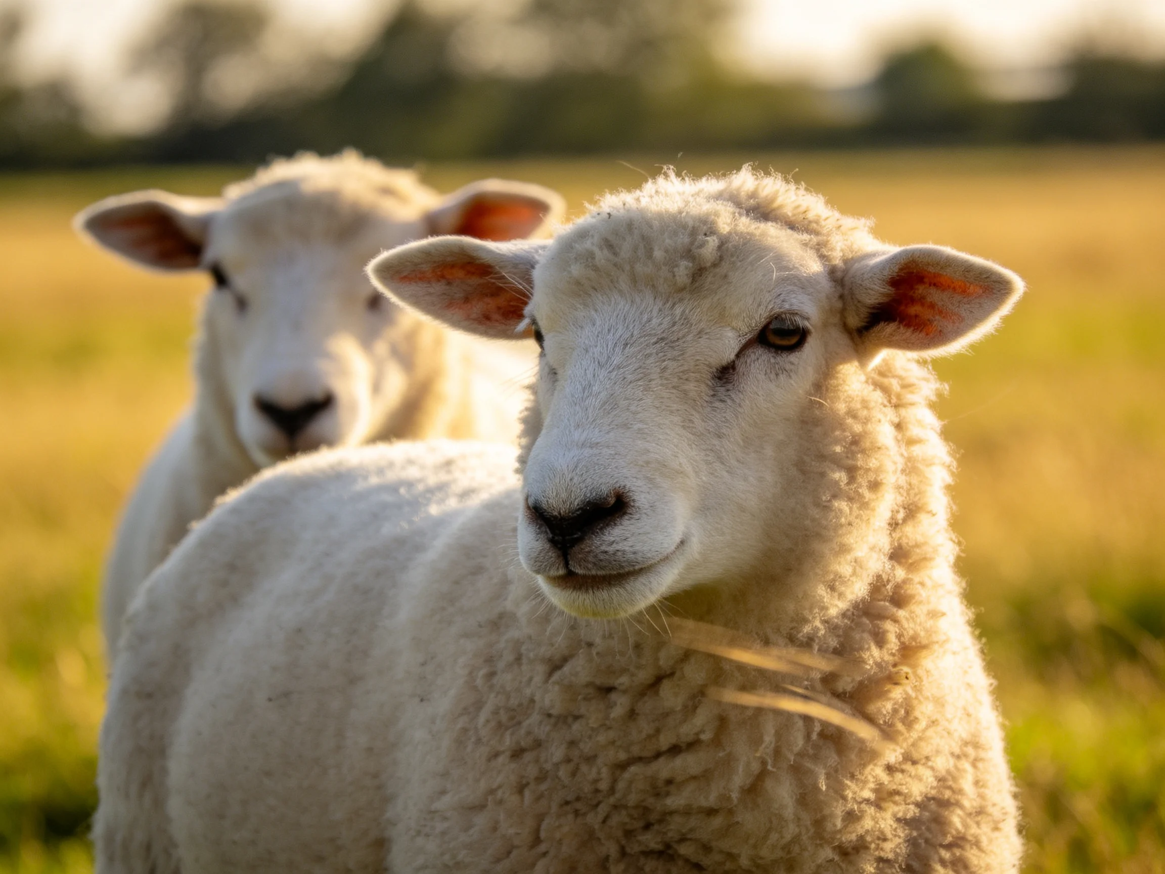 Two fluffy white lambs in a sunlit grassy field