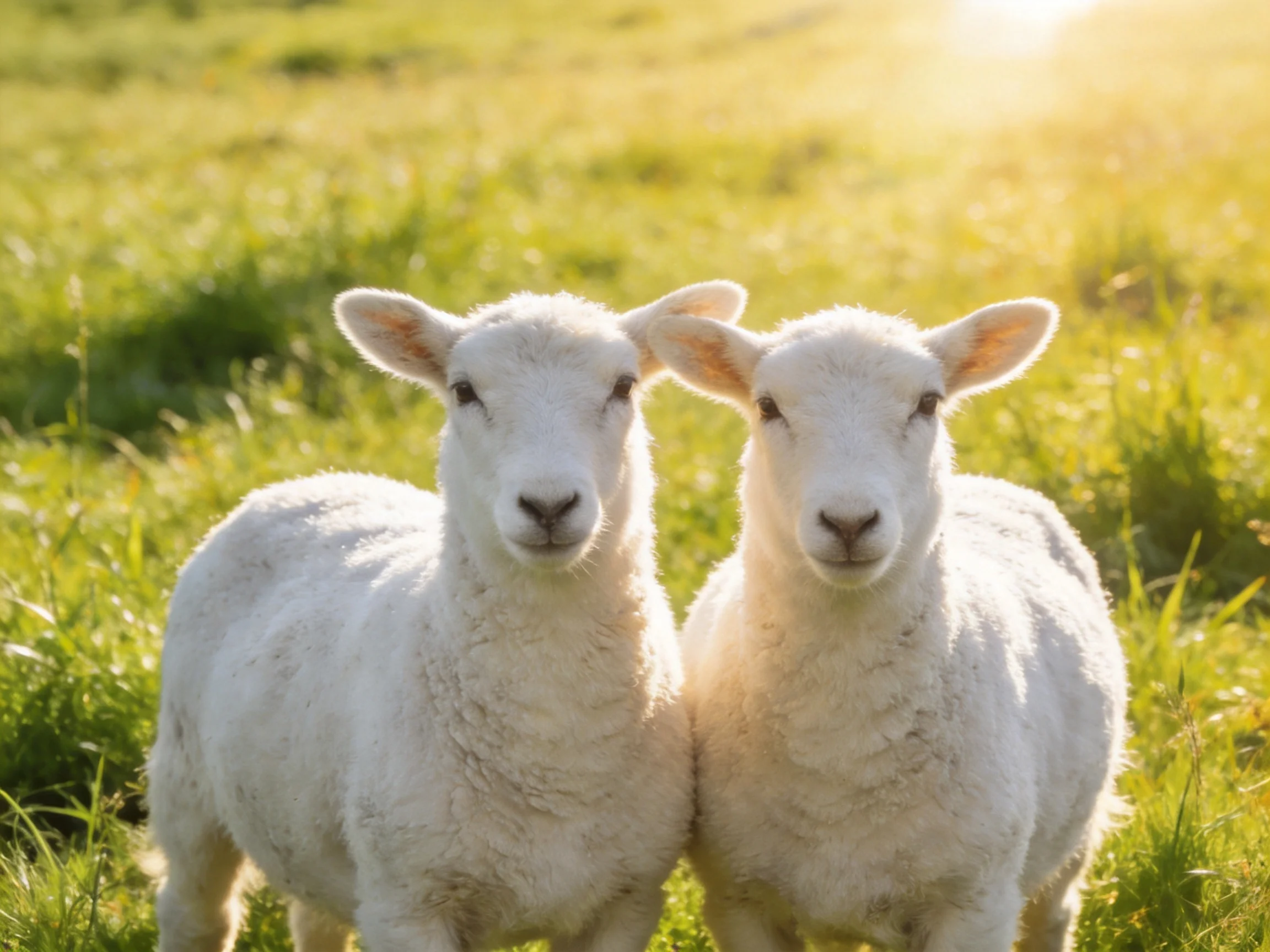 Two young sheep stand close together in a sunlit grassy field.