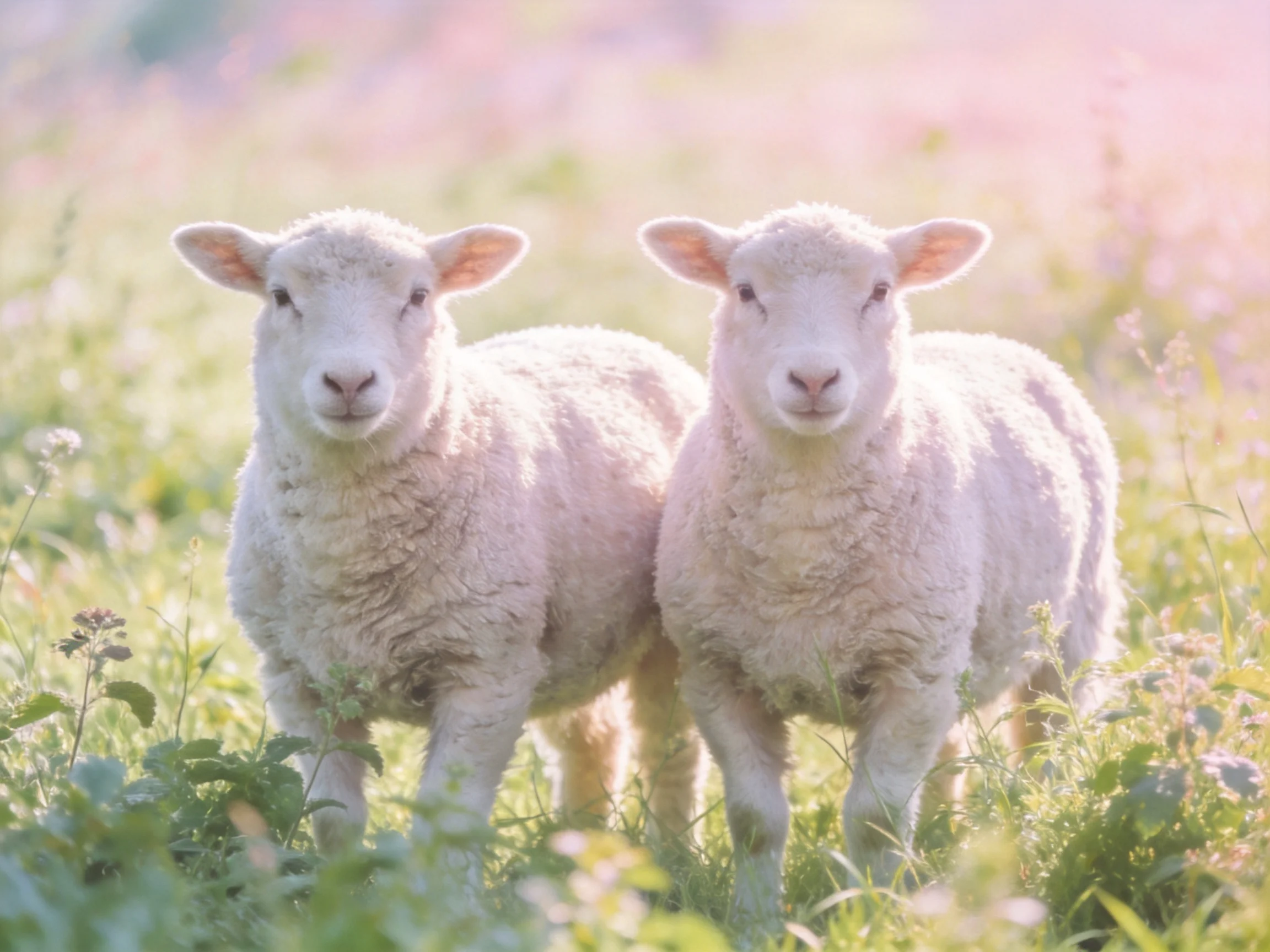 Two fluffy white lambs in a sunlit green meadow