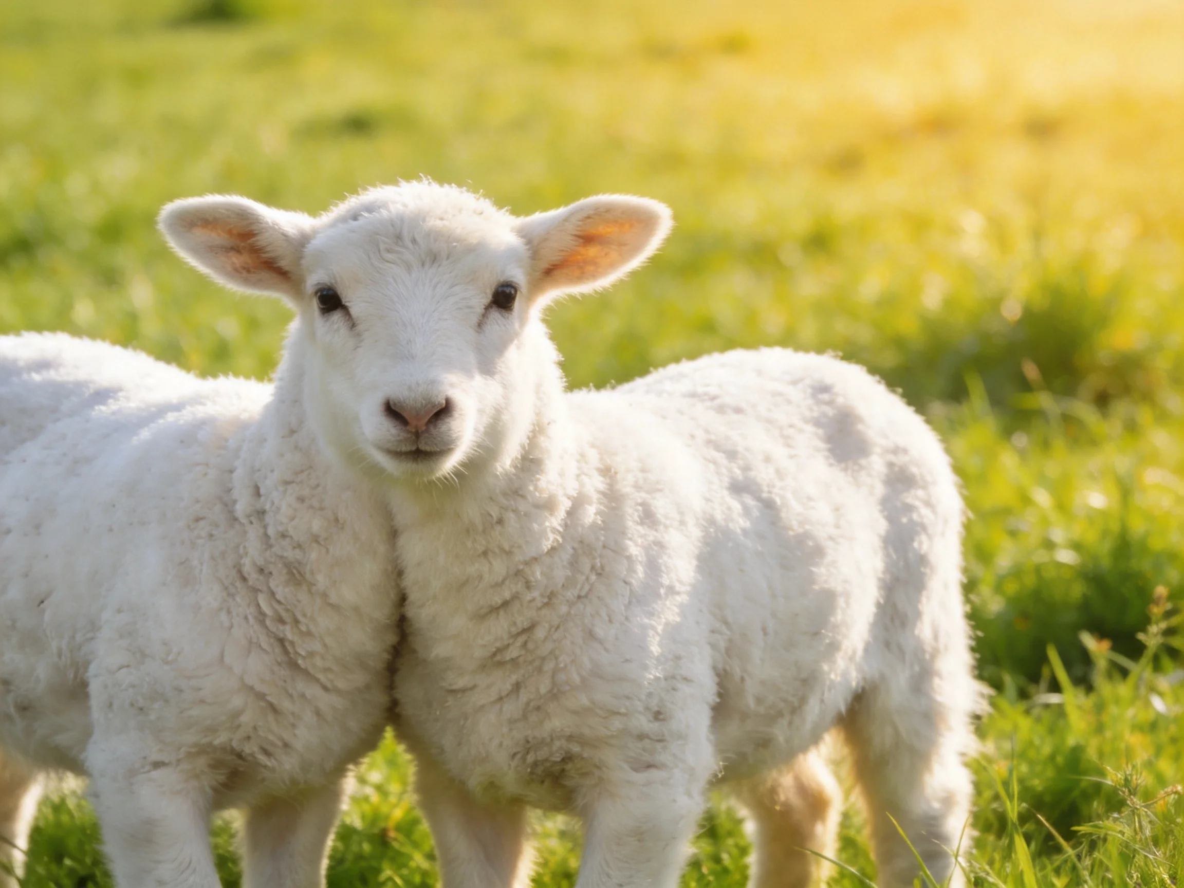 Two young sheep stand close together in a bright, grassy field bathed in sunlight.