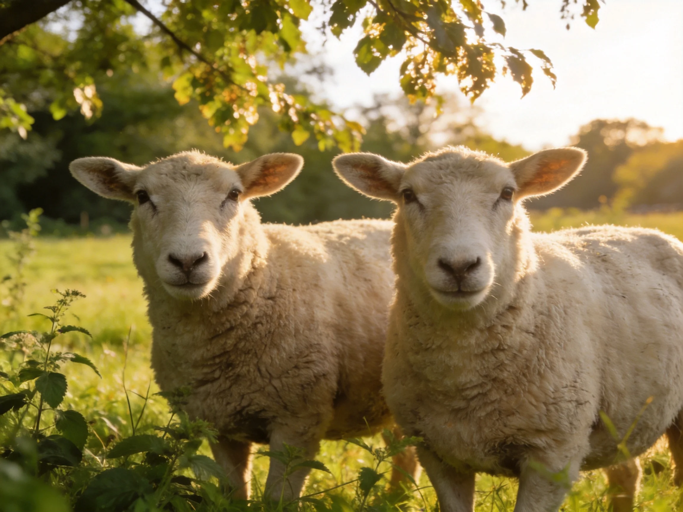 Two sheep stand together in a sunlit grassy area near trees.