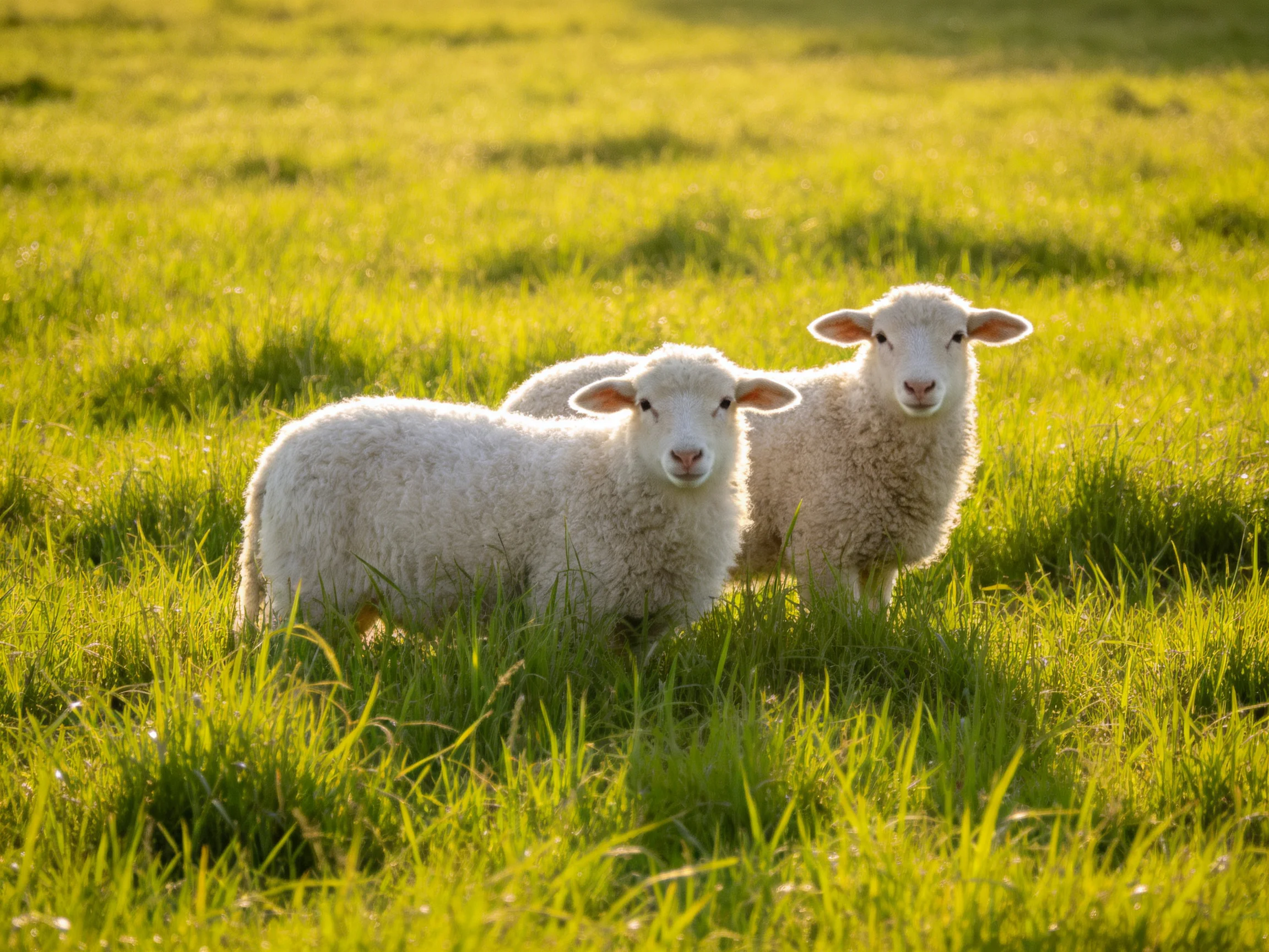 Two fluffy white lambs in a sunlit green meadow