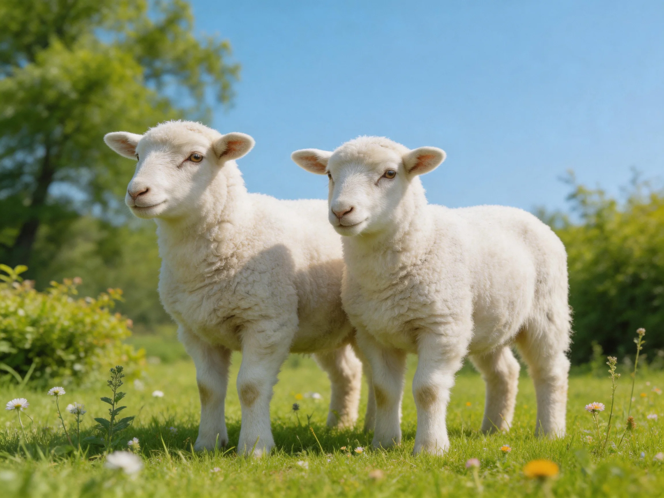 Two lambs stand together in a sunlit green pasture.