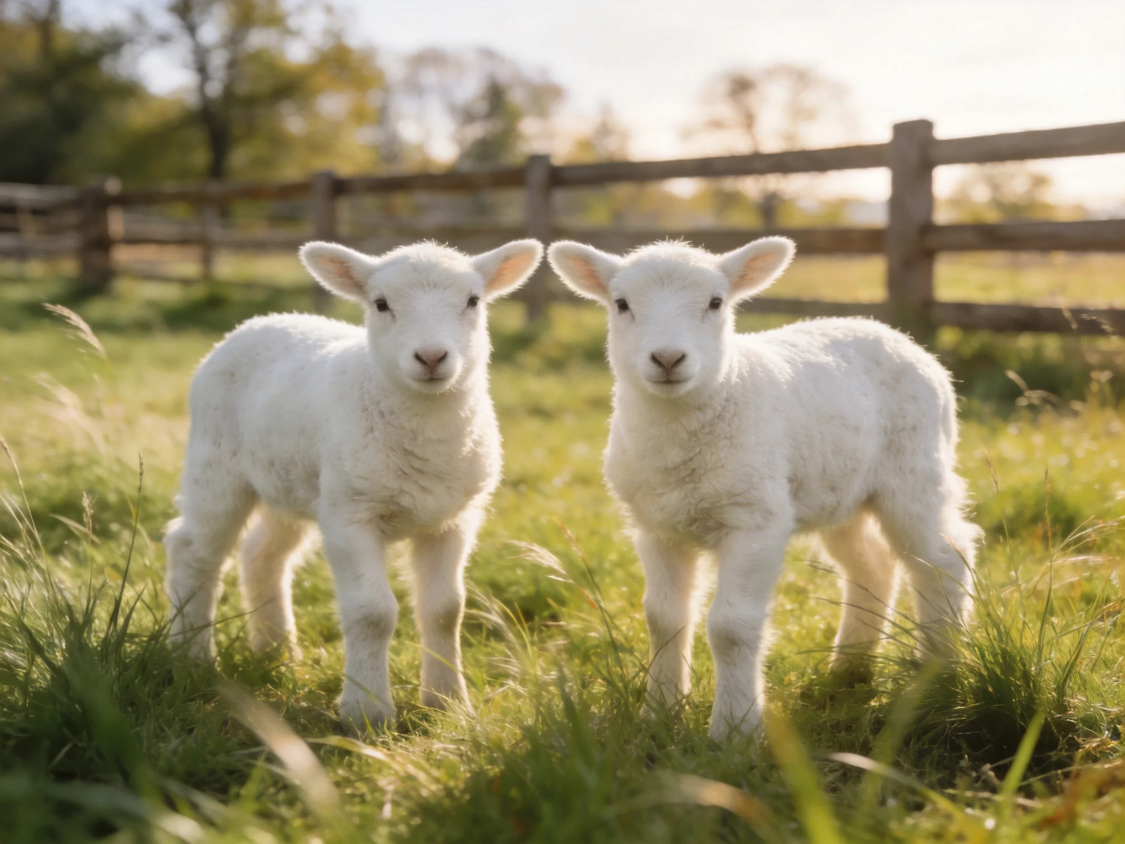 Two young lambs stand together in a sunlit grassy area near a wooden fence.
