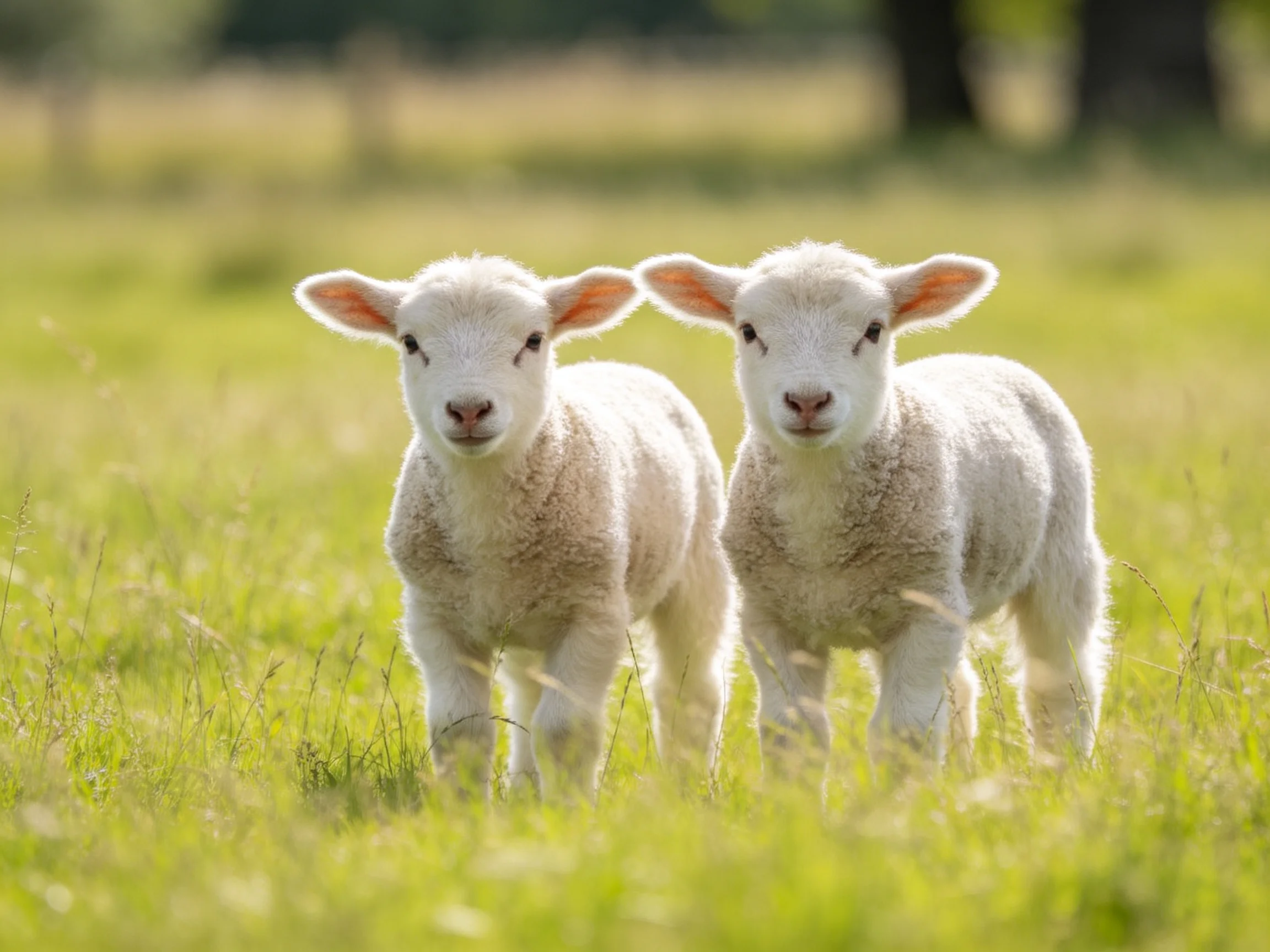 Two fluffy white lambs in a sunlit green pasture