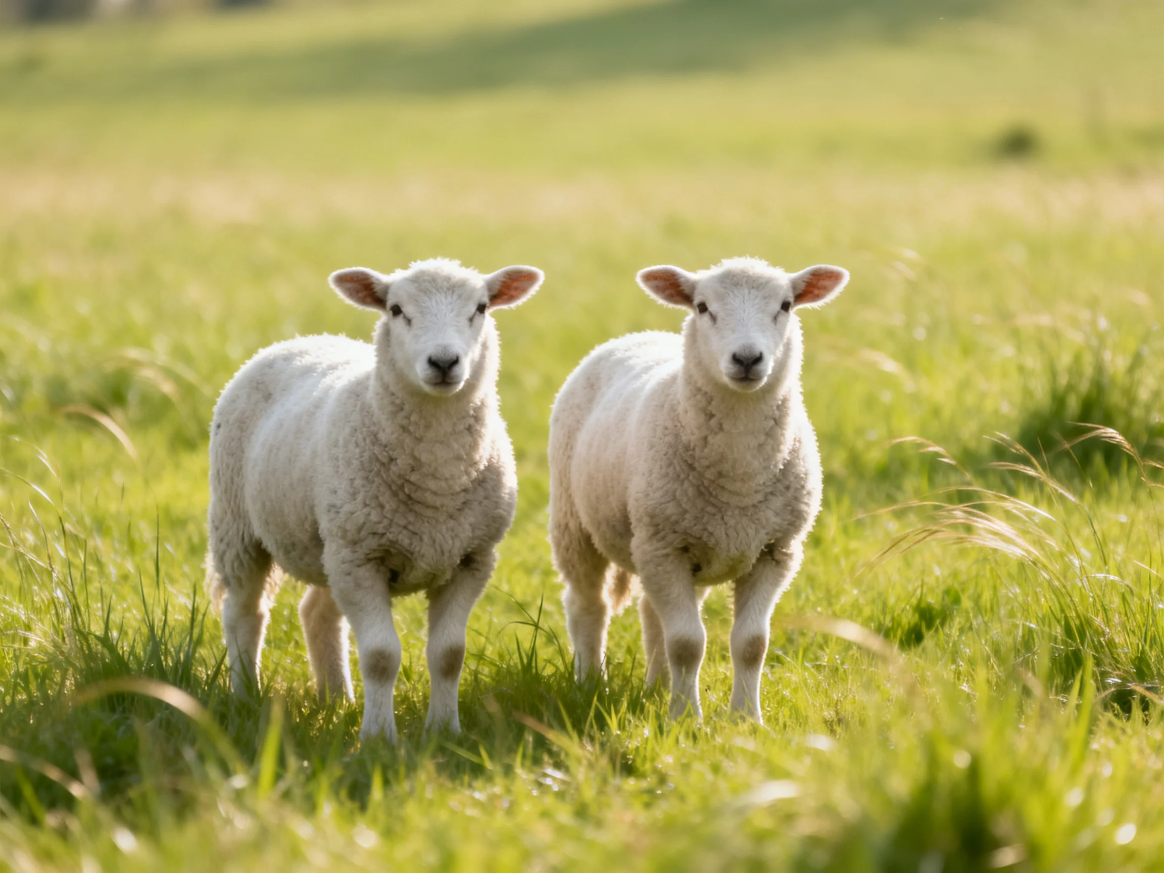 Two fluffy white lambs in a sunlit green pasture