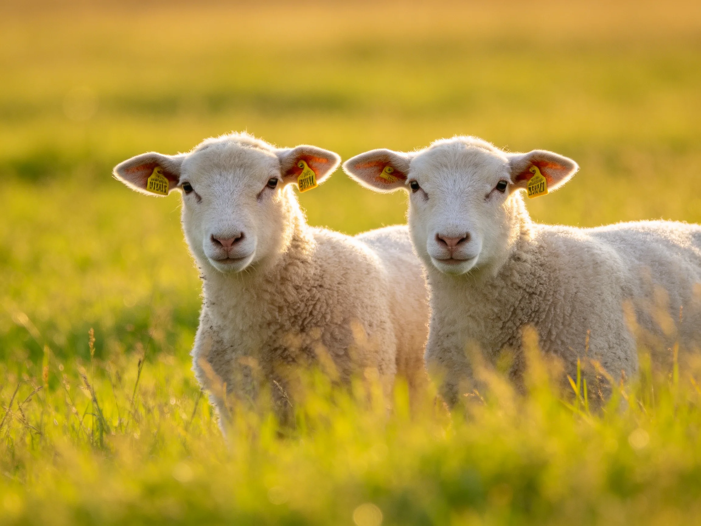 Two fluffy white lambs in a sunlit green pasture