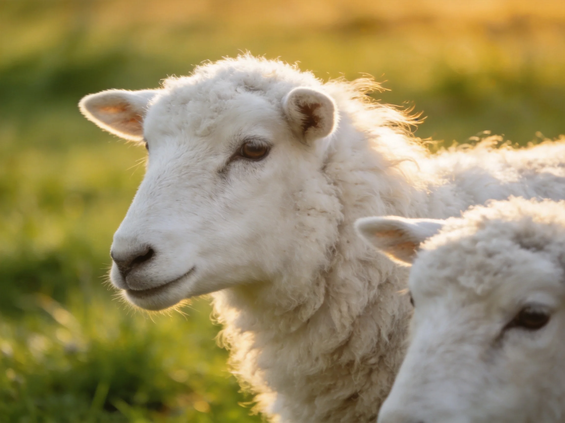 Two white lambs rest in a sunlit green pasture.