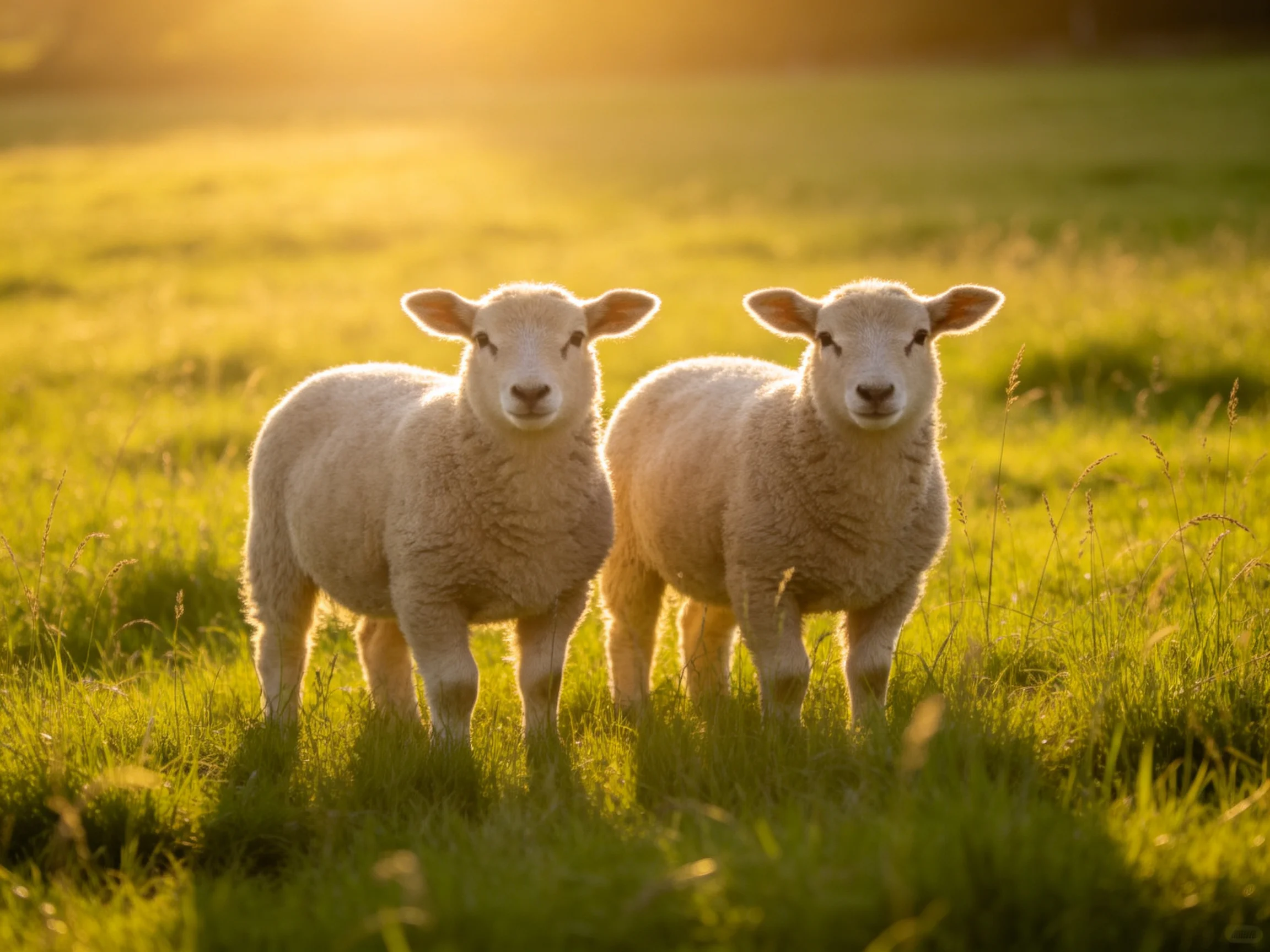 Two young sheep stand together in a sun-drenched grassy field.
