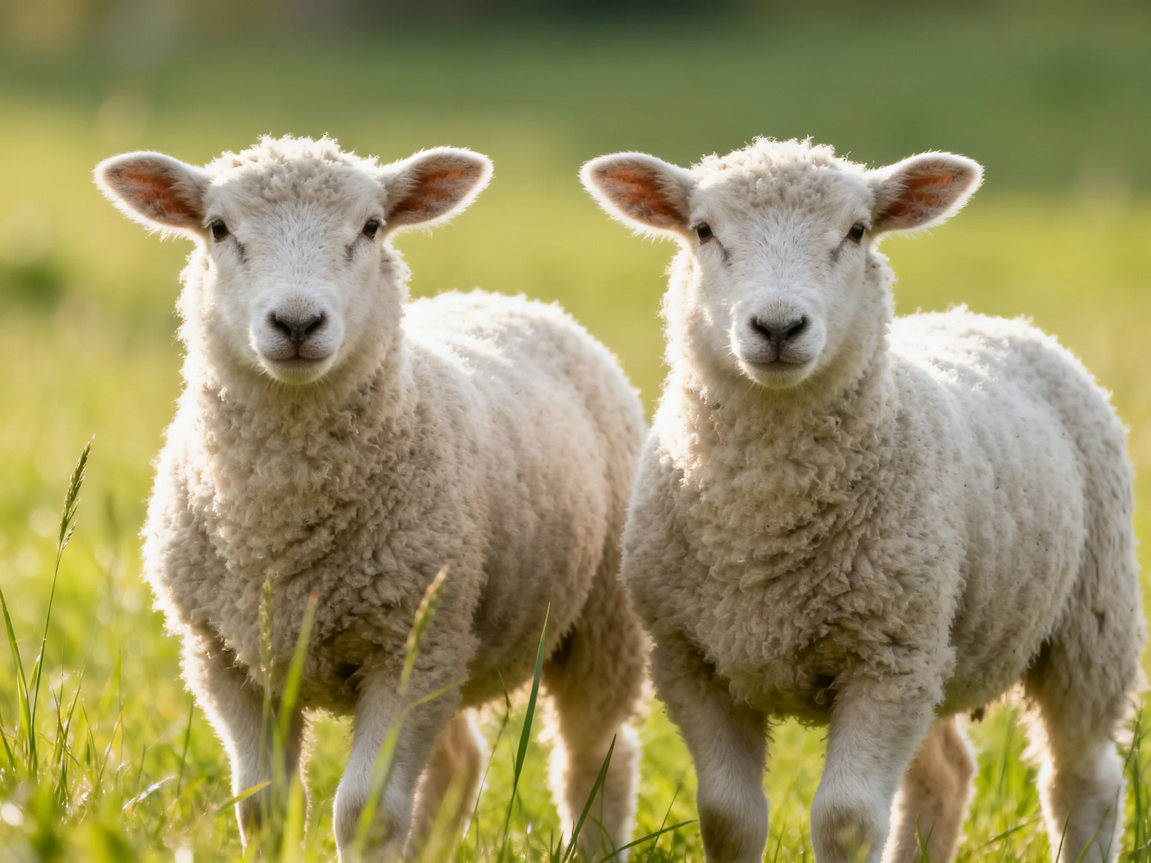 Two fluffy white lambs in a sunlit green pasture