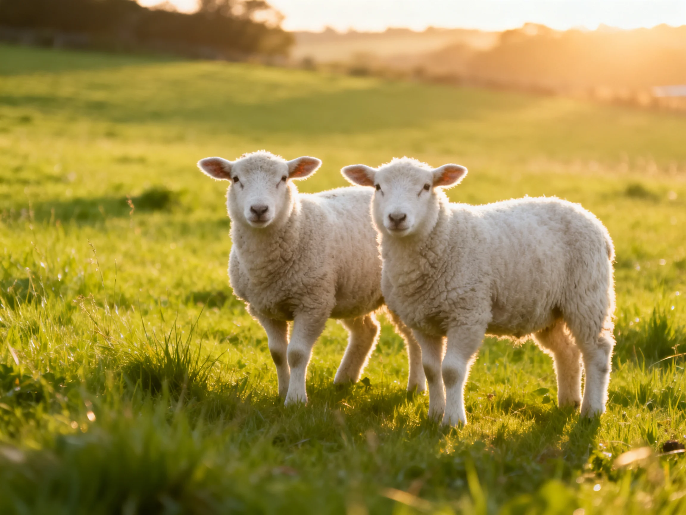 Two young sheep stand together in a sunlit grassy field.