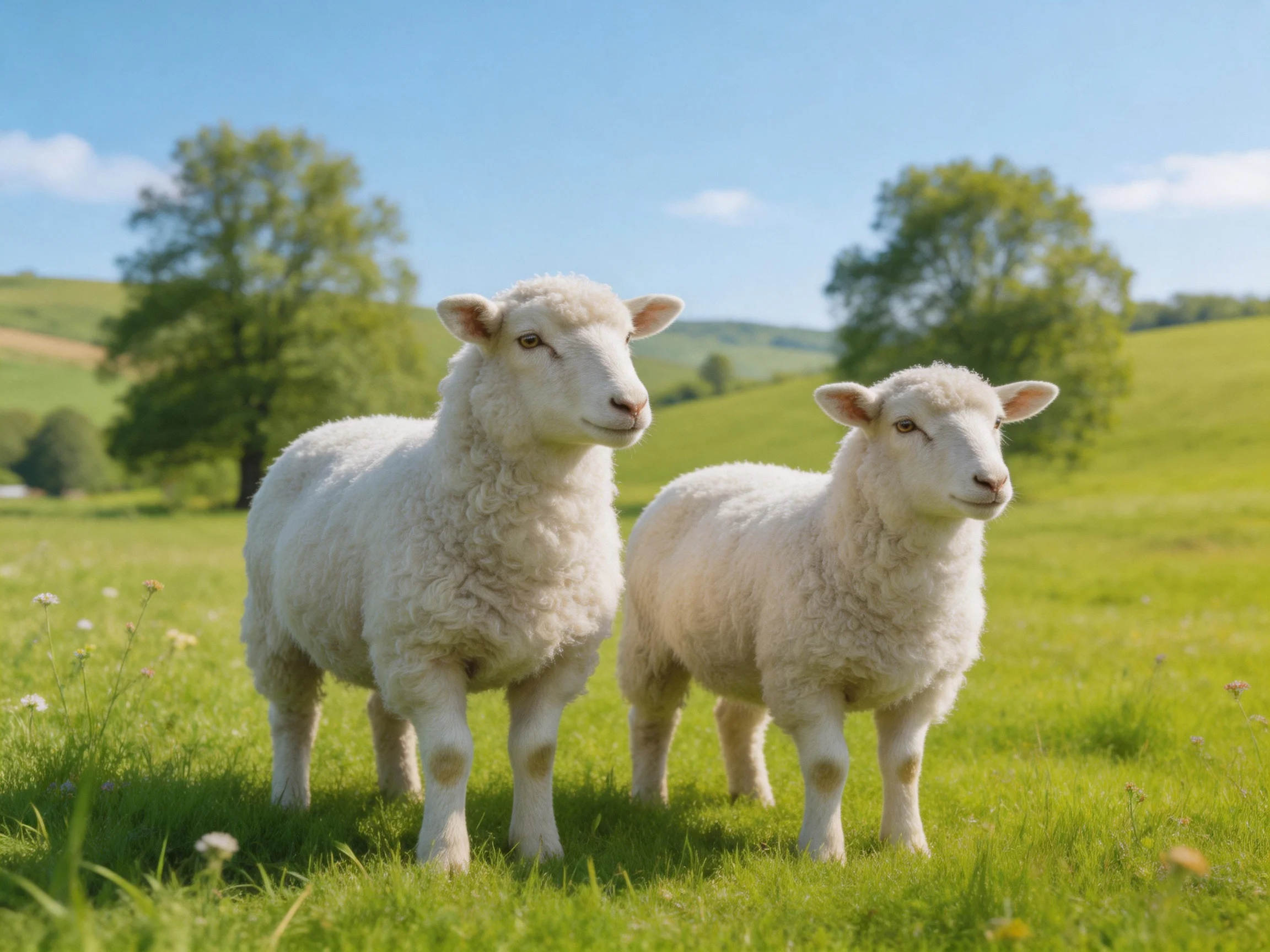Two fluffy white lambs in a sunlit green pasture