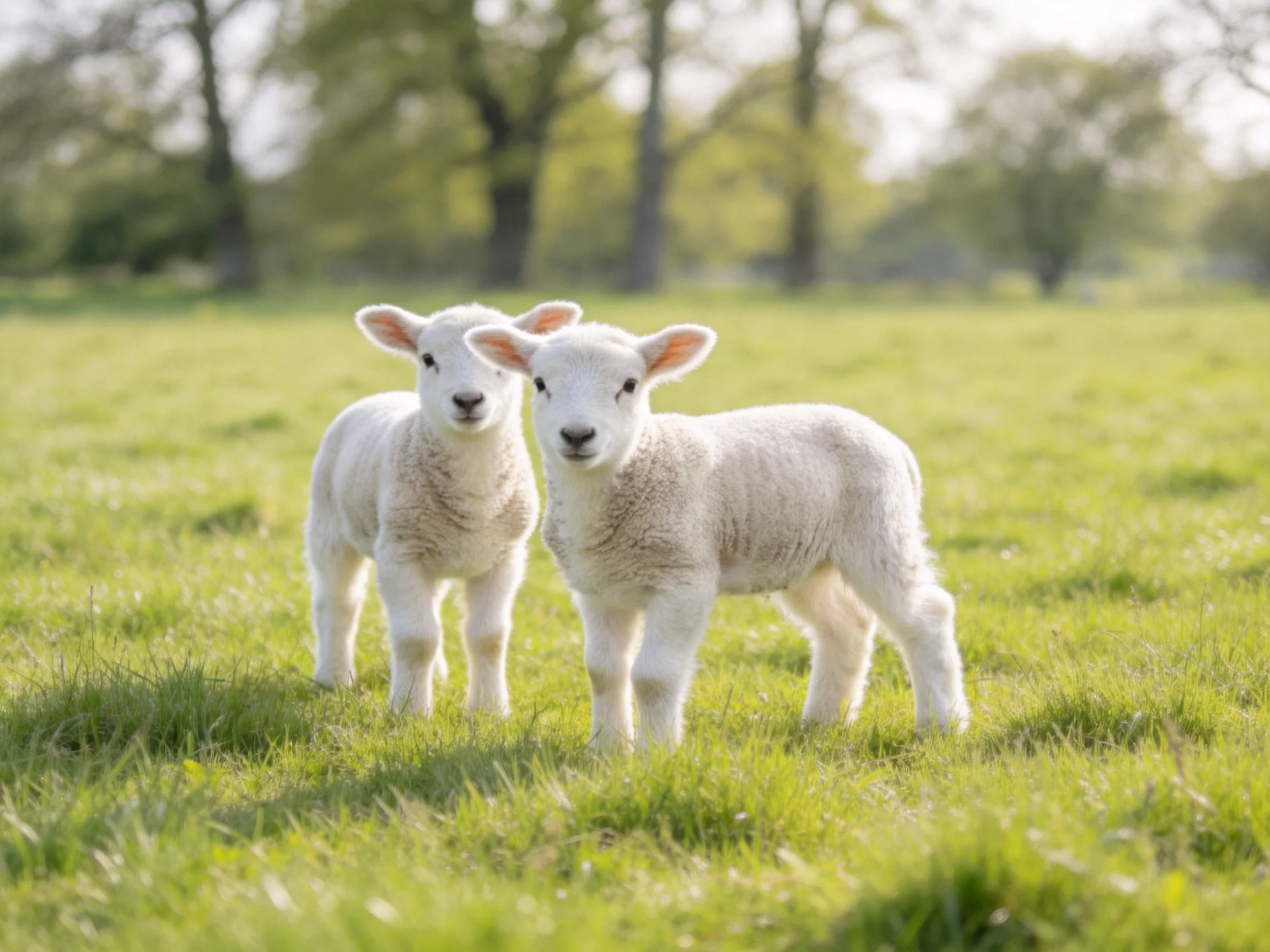 Two fluffy white lambs in a sunlit green pasture