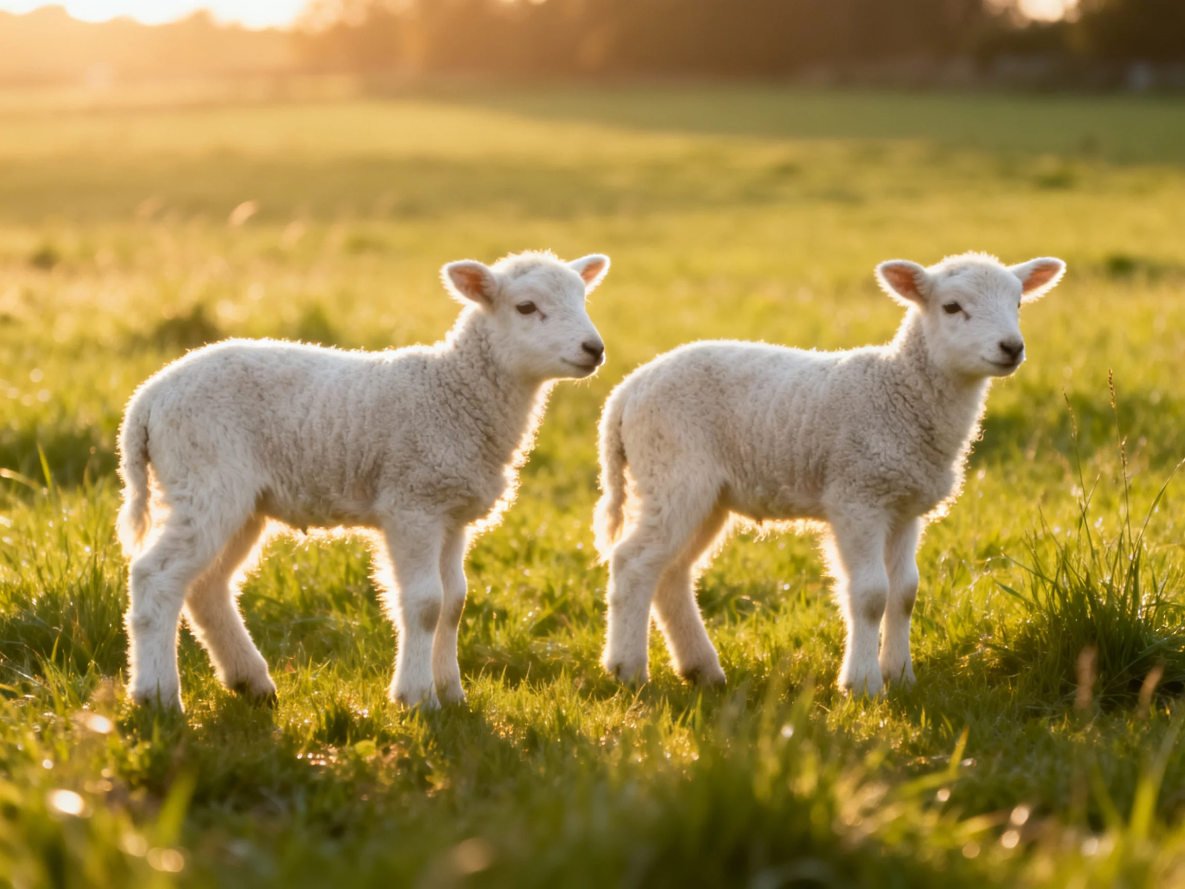 Two lambs stand together in a sun-drenched grassy field.