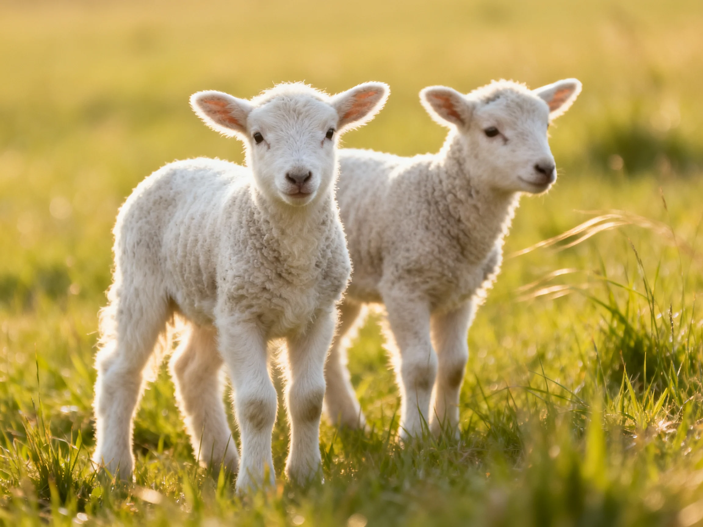 Two fluffy white lambs in a sunlit meadow