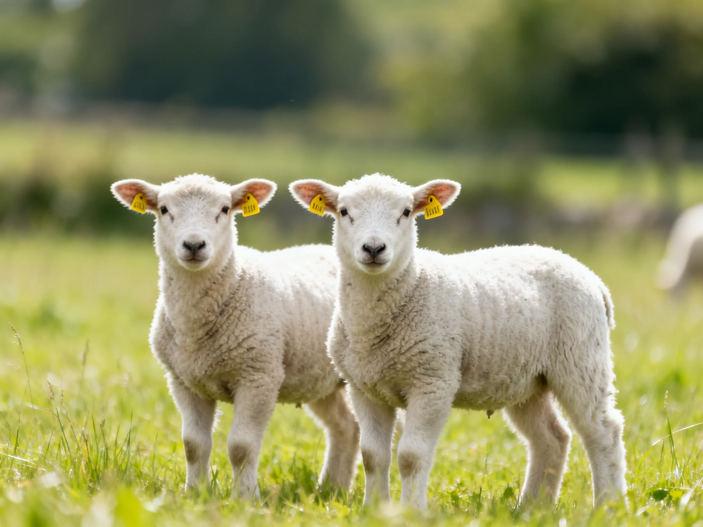 Two fluffy white lambs in a sunny green pasture