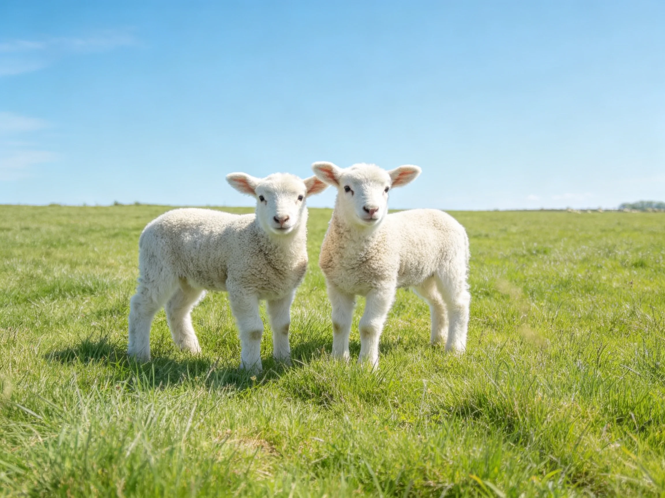 Two fluffy white lambs in a vibrant green meadow under clear blue sky